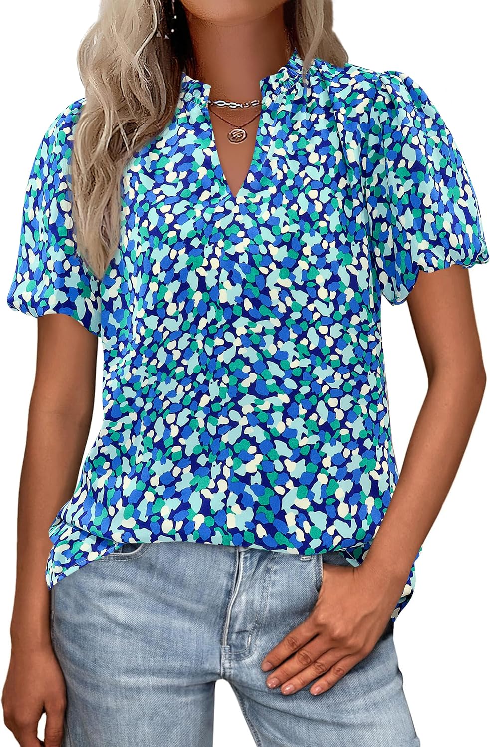 MASCOMODA Boho Short Sleeve Floral Work Blouses for Women Dressy Casual V Neck Puff Sleeve Loose Chiffon Flowy Tops Shirts