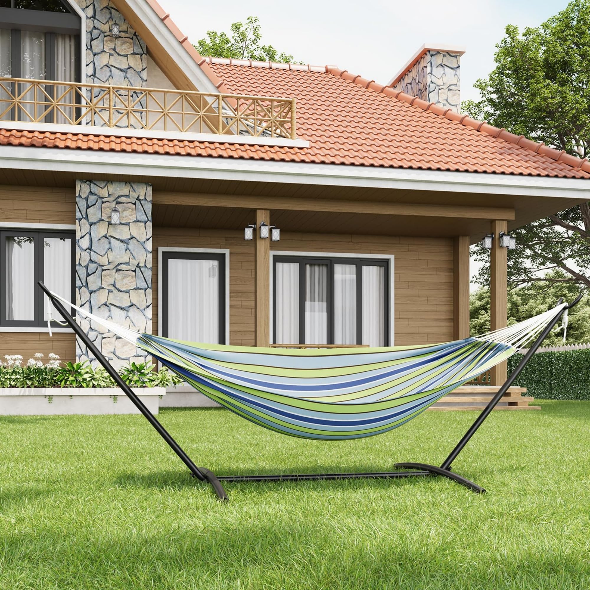 Hamaca al aire libre con soporte, hamaca portátil para patio, balcón jardín, hamaca doble pie para terraza de camping