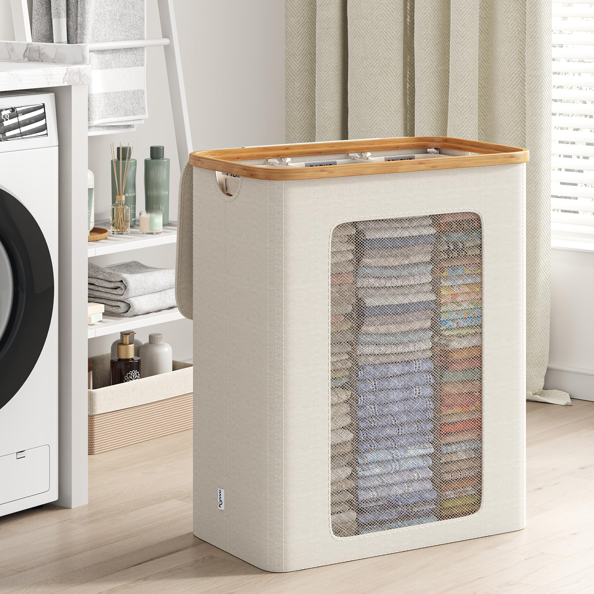 Wäschekorb 3 Fächer 160L, Wäschesammler mit Deckel, Bambusrahmen und 600D wasserdichtem Oxford Stoff, mit 3 herausnehmbaren Innentaschen für Schlafzimmer und Badezimmer, Beige