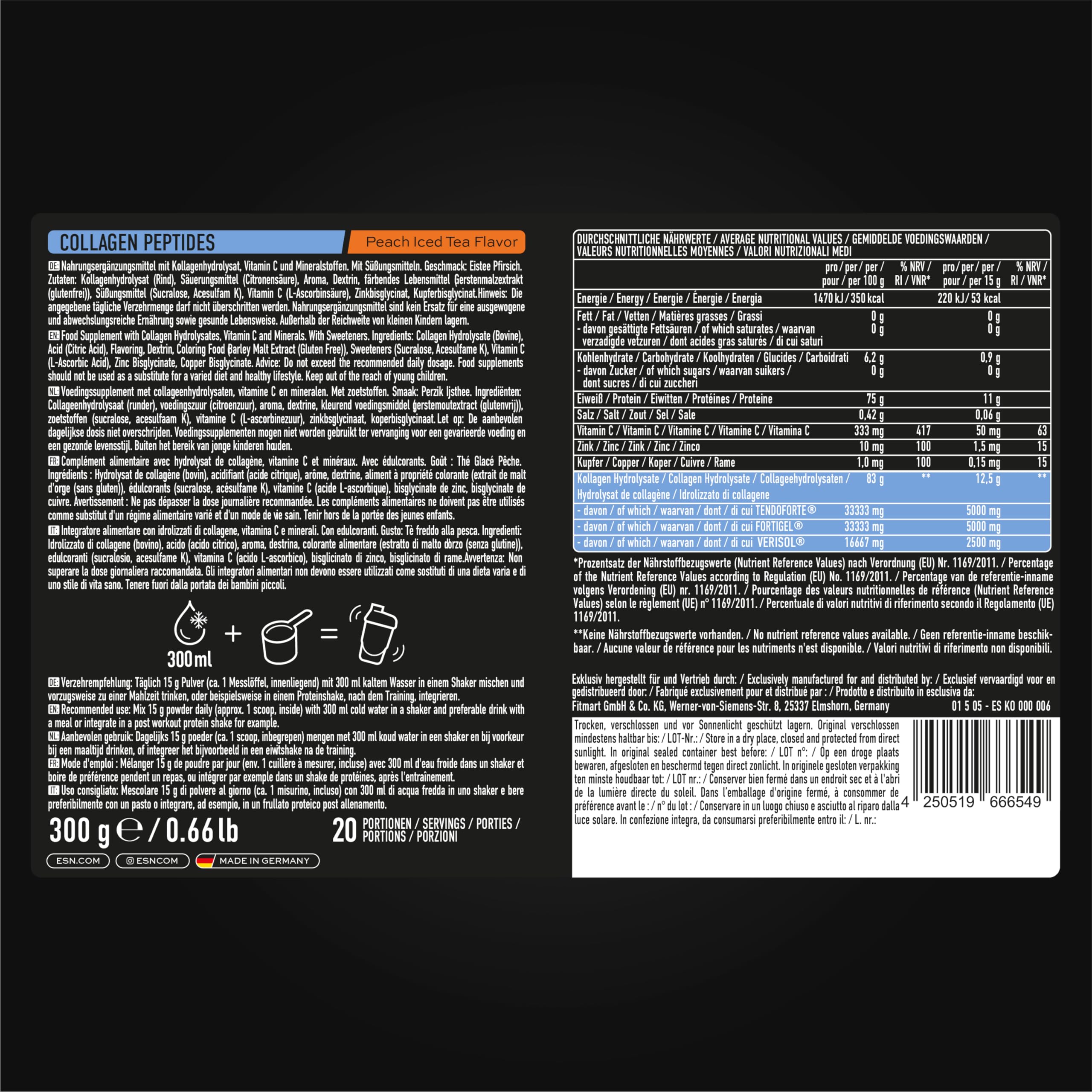 ESN Collagen Peptides, Thé glacé pêche, 300 g, avec hydrolysat de collagène, vitamines et minéraux - fabriqué en Allemagne