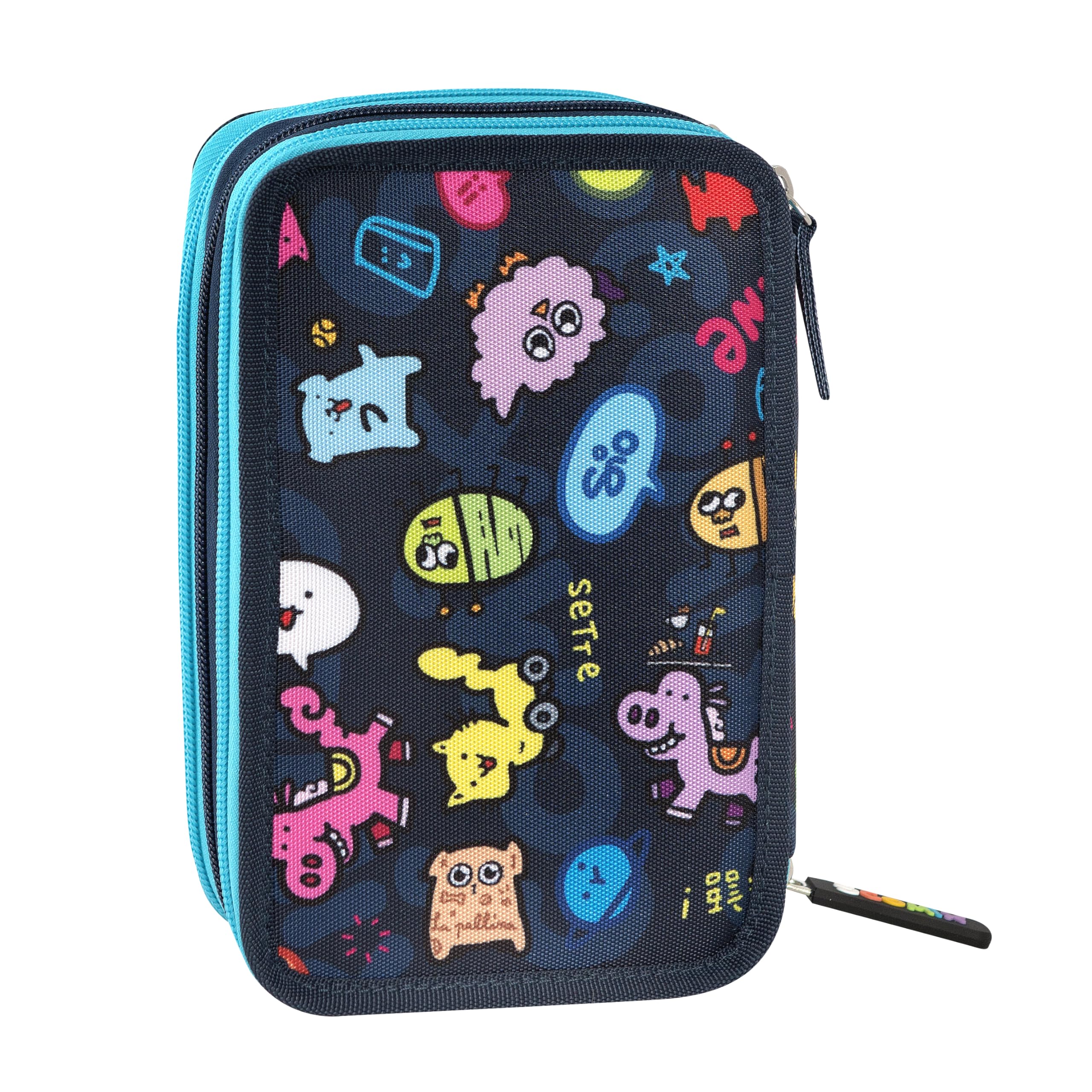 COMIX Scomix by Sio - Astuccio Scuola, Astuccio 3 Scomparti per Bambini e Ragazzi, con Set Cancelleria Incluso, 5 Etichette Adesive Portanome e Pratiche Chiusure a Zip, 20 x 13H x 7 cm, Blu