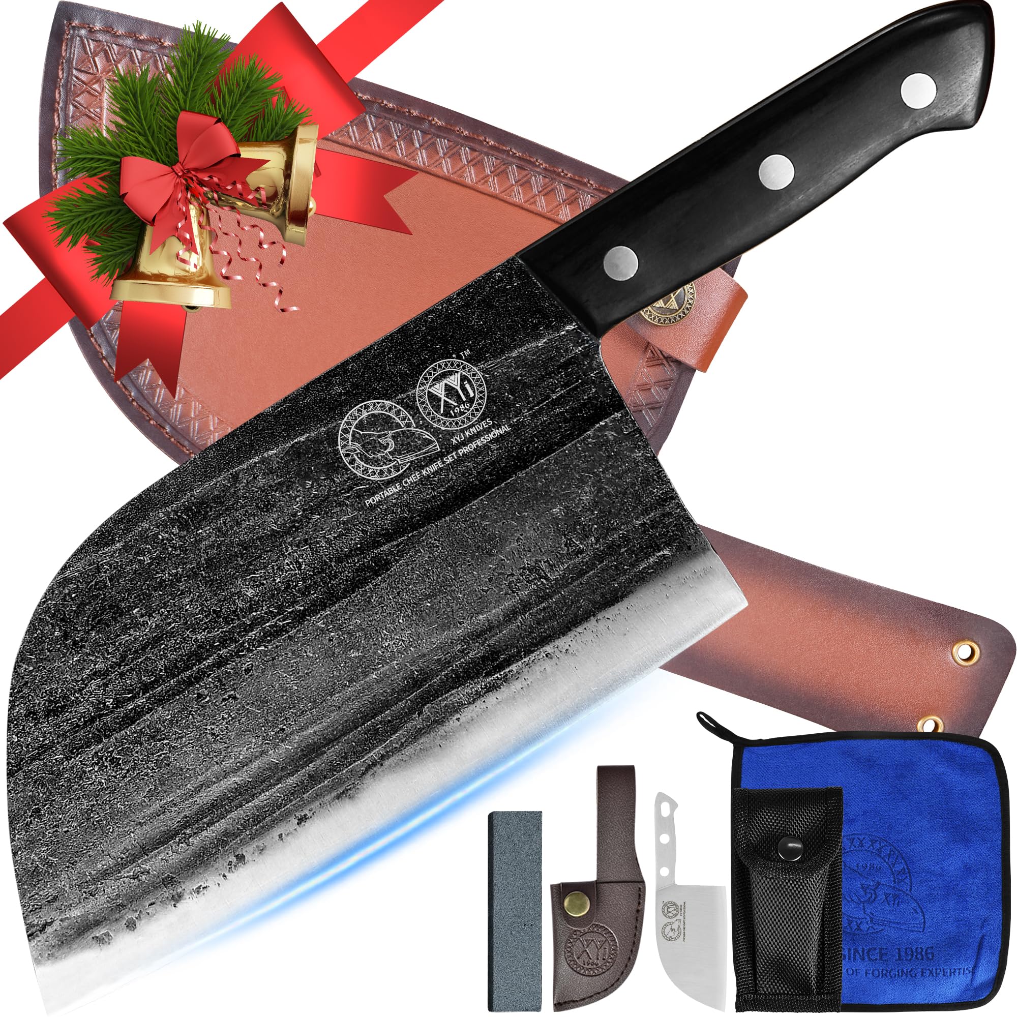 Authentic Since 1986,Outstanding Ancient Forging, 7.5 Inch Full Tang, Serbian Chefs knife,Chef Meat Cleaver,Kitchen Knives,Set with Leather Sheath,Take Carrying,Butcher