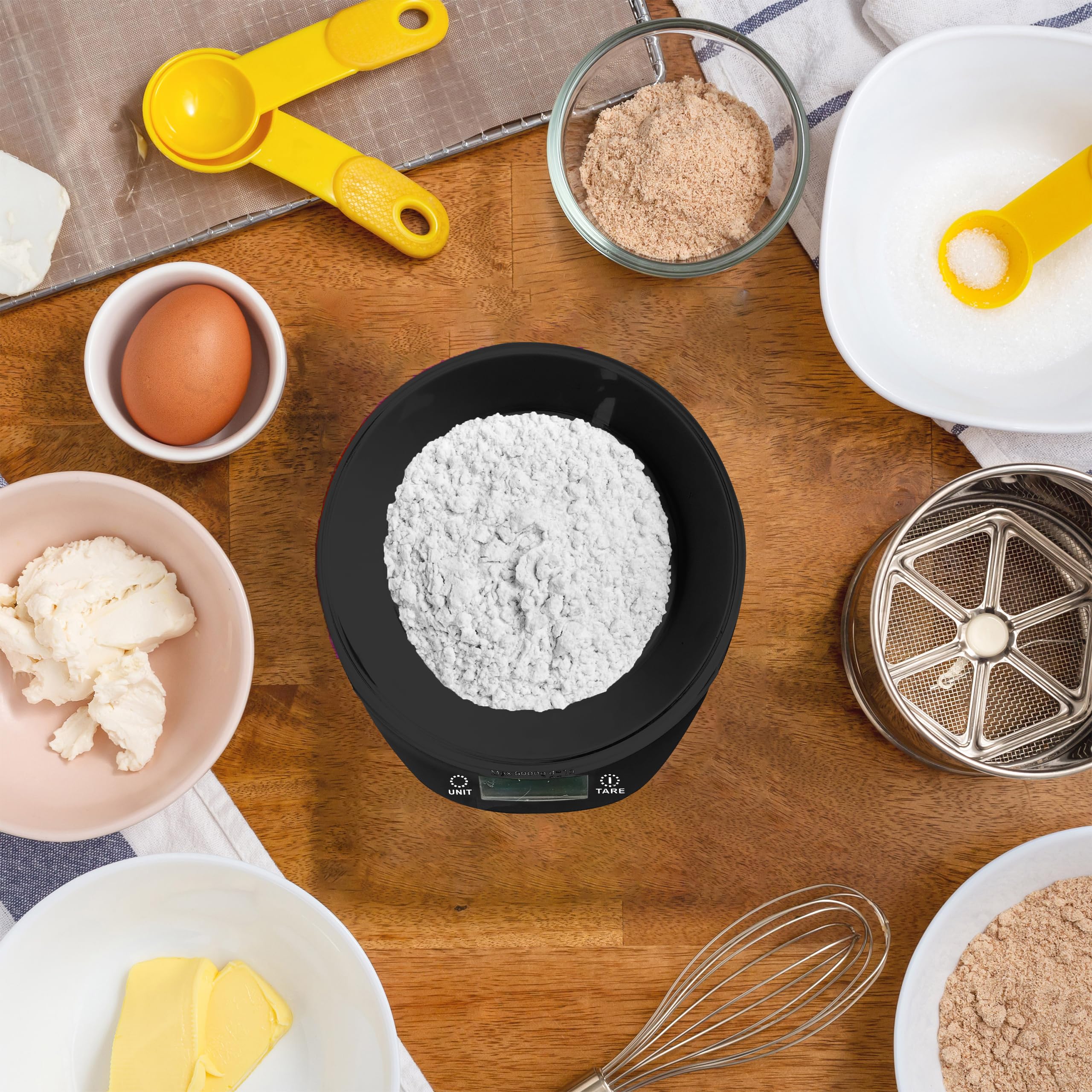 Retoo Bilancia Cucina Digitale con Ciotola Rimovibile - 1g/5 kg, Ciotola 700 ml, Display LCD, Digitale, Funzione Tara, Sensore ad alta precisione, Salvaspazio, Nero