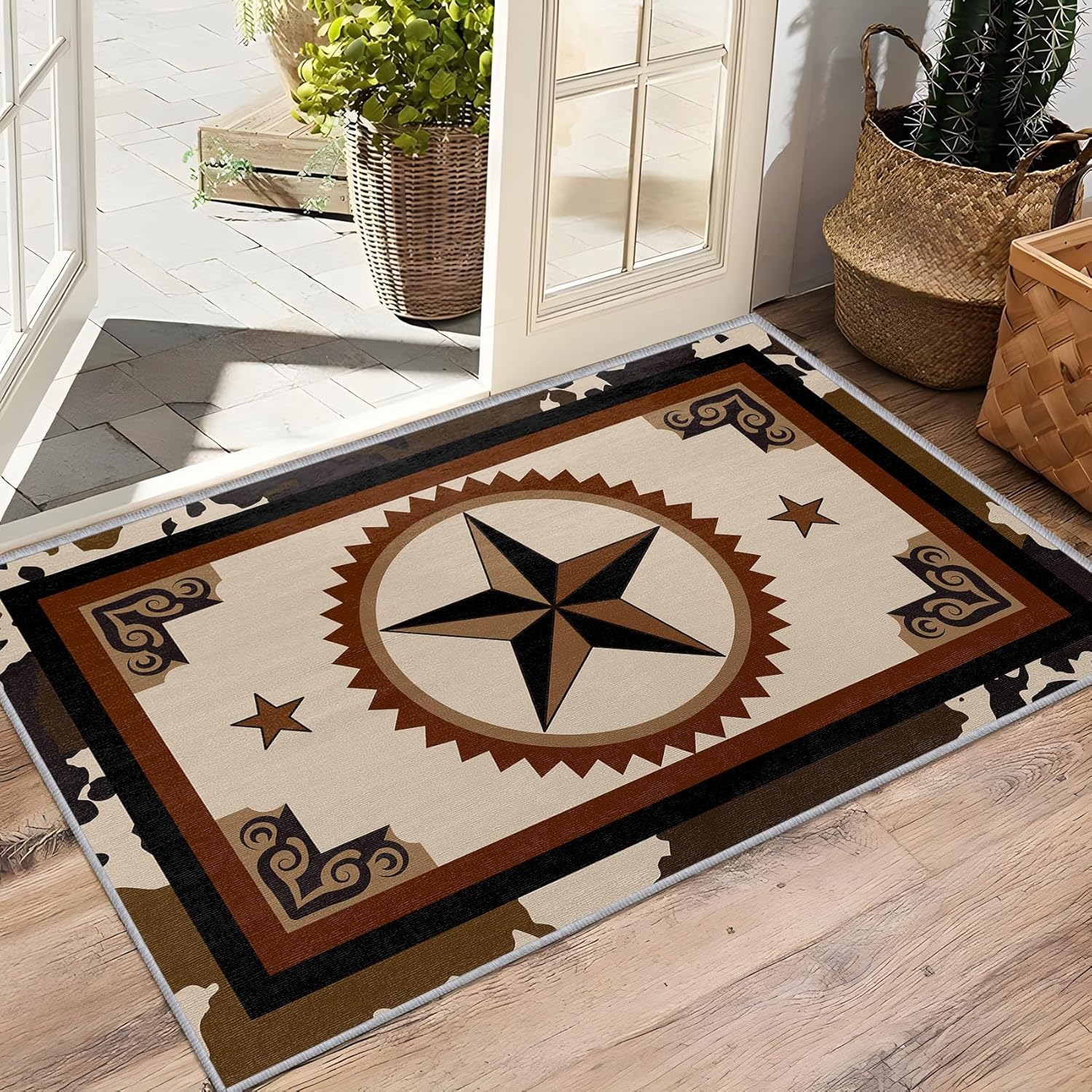 Western Rugs for Bedroom - Texas Star Rug, 2x3 Rug, Cowboy Cowhide Pattern Area Rugs, Vintage Southwest Farmhouse Door Mat, Washable & Non Slip & Soft Small Carpet Home Decor