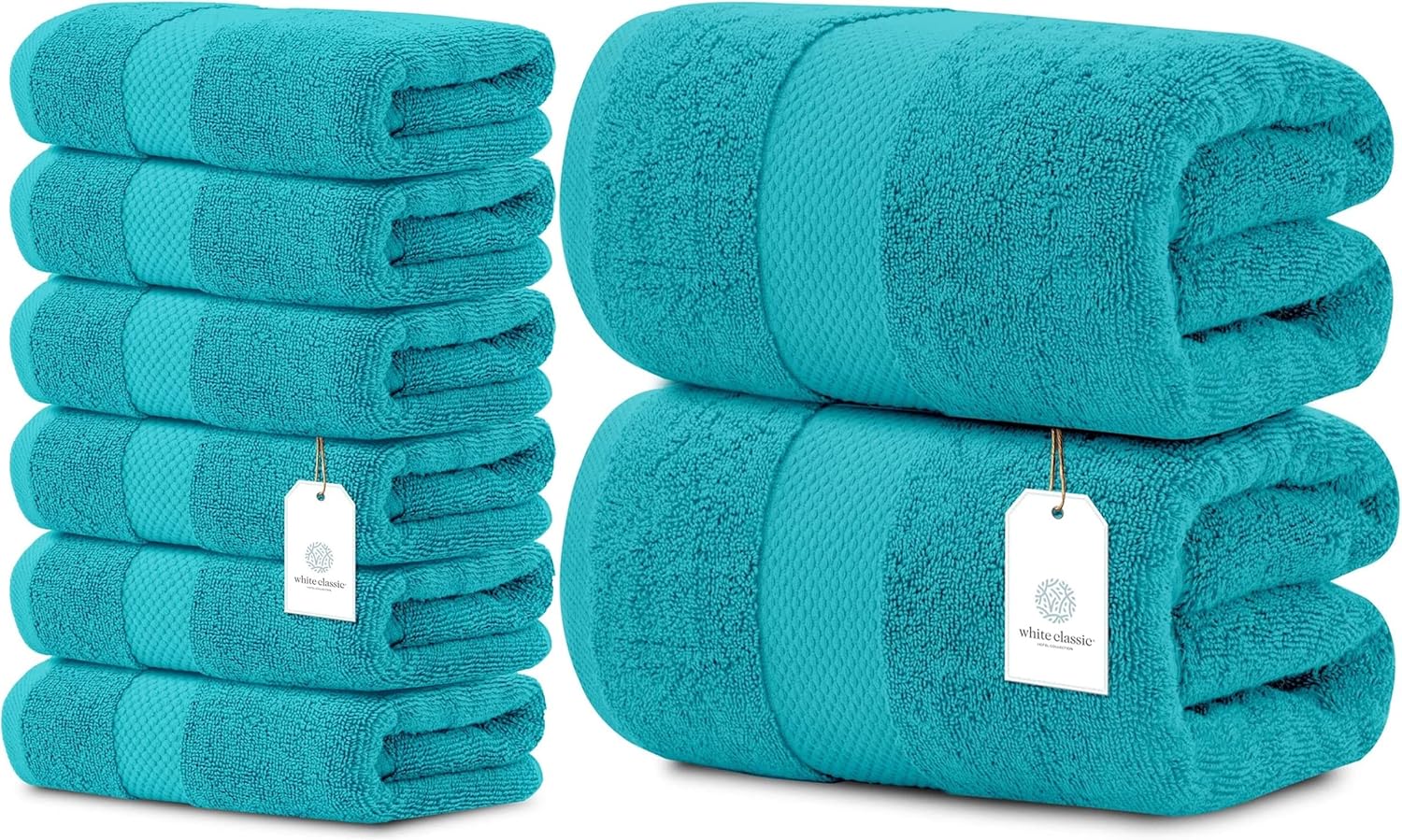 White Classic Luxury Hand Towels 6 Pack Luxury Bath Sheet 2 Pack Bundle (Aqua