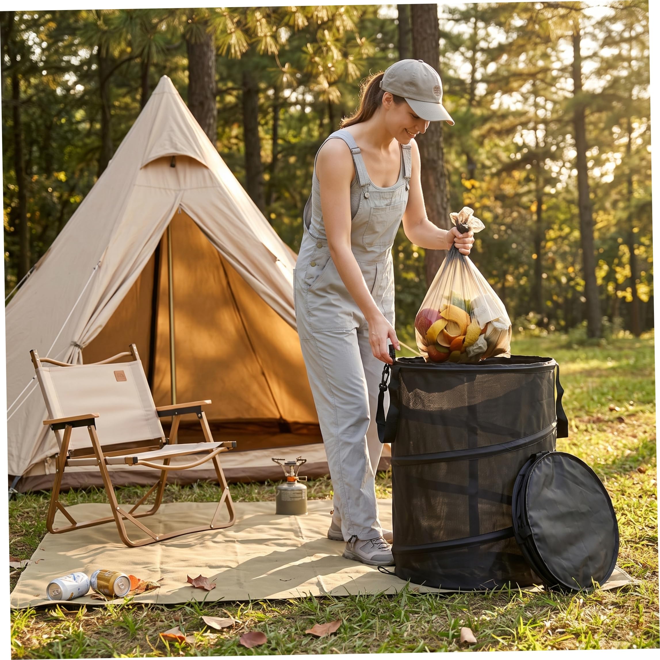 Pattumiera da campeggio, pattumiera pieghevole portatile con chiusura a clip, tessuto Oxford impermeabile per barbecue da picnic all'aperto, spazzatura da campeggio nera