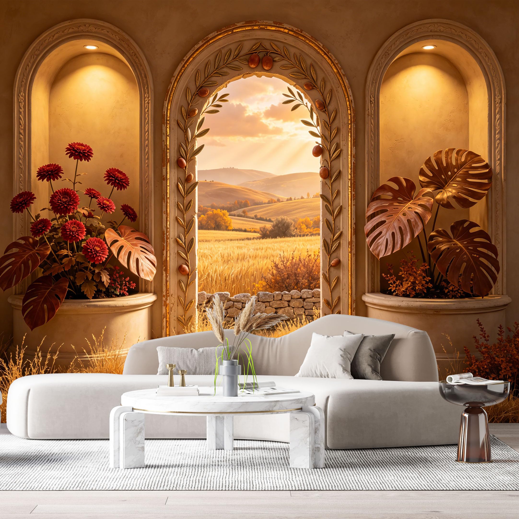 Custom Size Wall Murals Tuscan Sunset Landscape Mediterranean Arch 3D Trompe L'Oeil Flowers SelfAdhesive Wall Fabric Removable Large Wallpaper for Photo Living Room