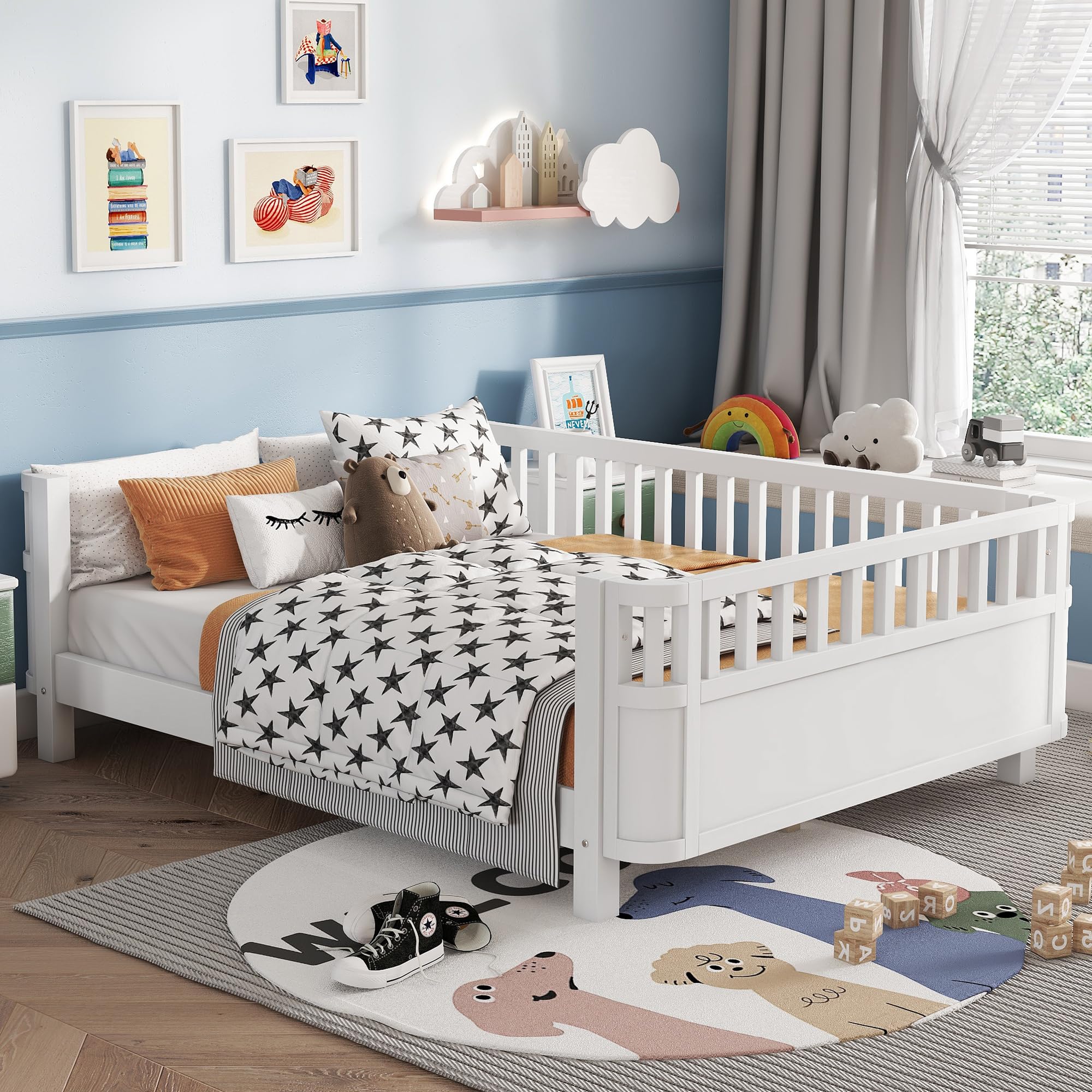 Full Size Kids Bed Frame, Low Profile Montessori Bed Full with Rails, Wood Daybed for Girls & Boys, No Spring Box Required, No Squeaks, White