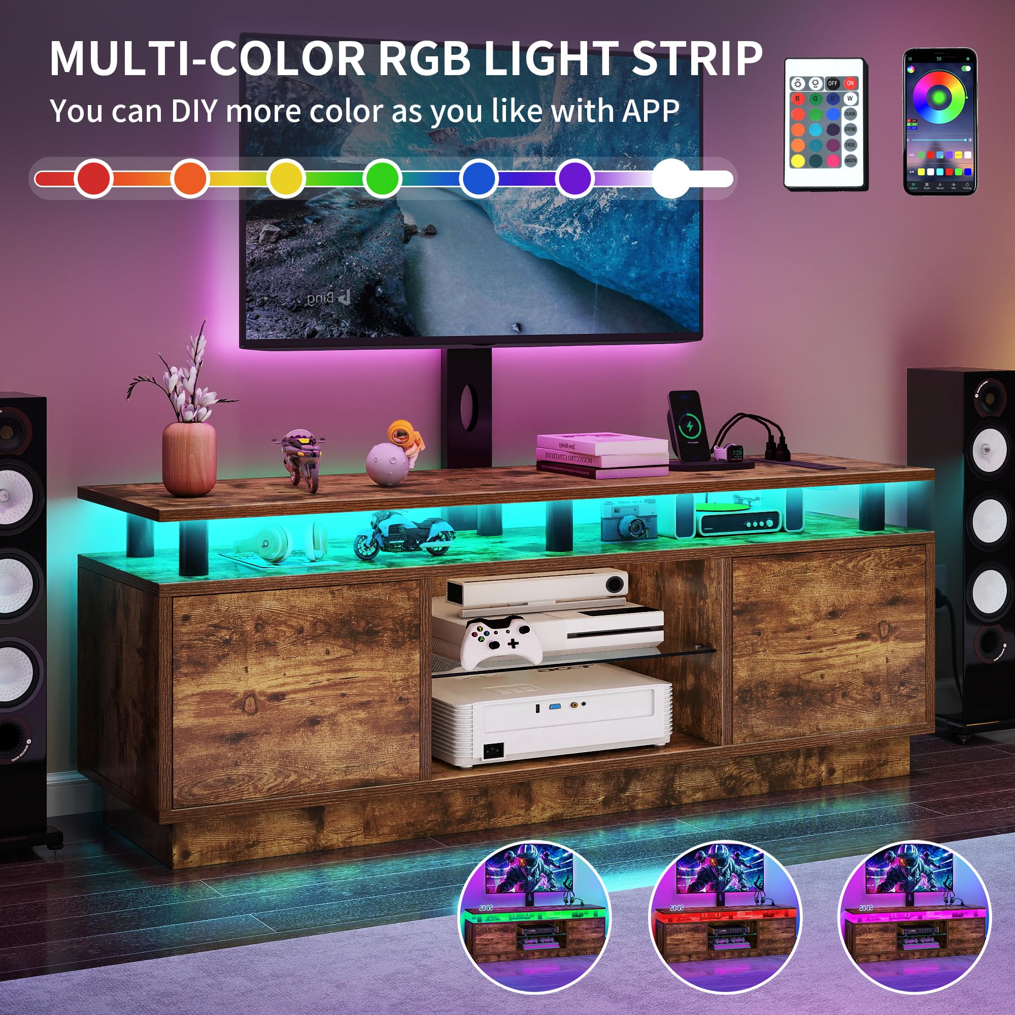 DWVO TV Stands for Living Room, Modern TV Stand for 70/65 inch TV with Mount & Power Outlet, LED Entertainment Center with Storage, Gaming Media Stand, Rustic Brown