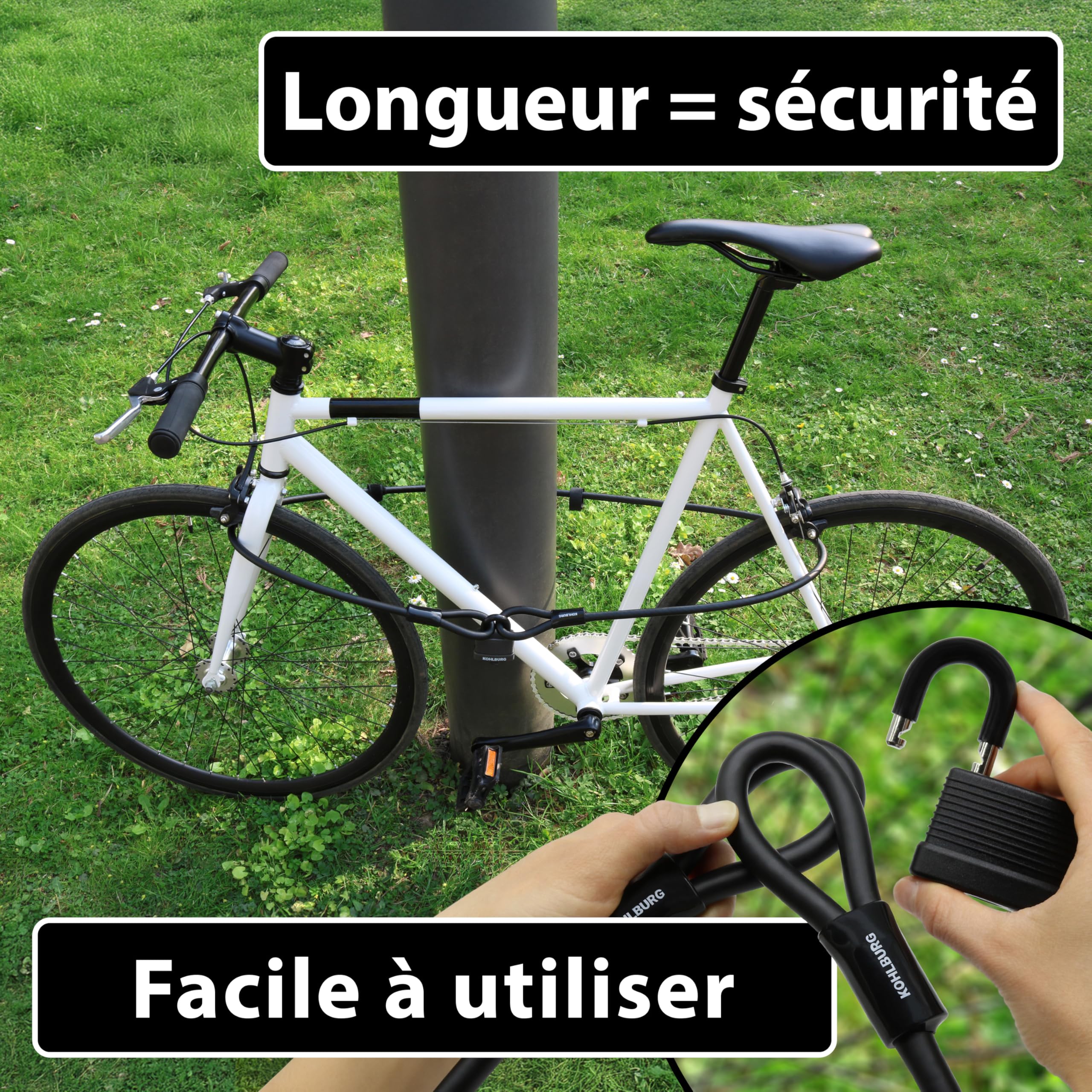 KOHLBURG cable antivol de 2 mètres – cadenas clé (3x) fermeture par simple pression – 2 m gaine cable pour vélo, remorque, poussette – cadenas exterieur et câble acier de 200 cm – anti vol velo solide
