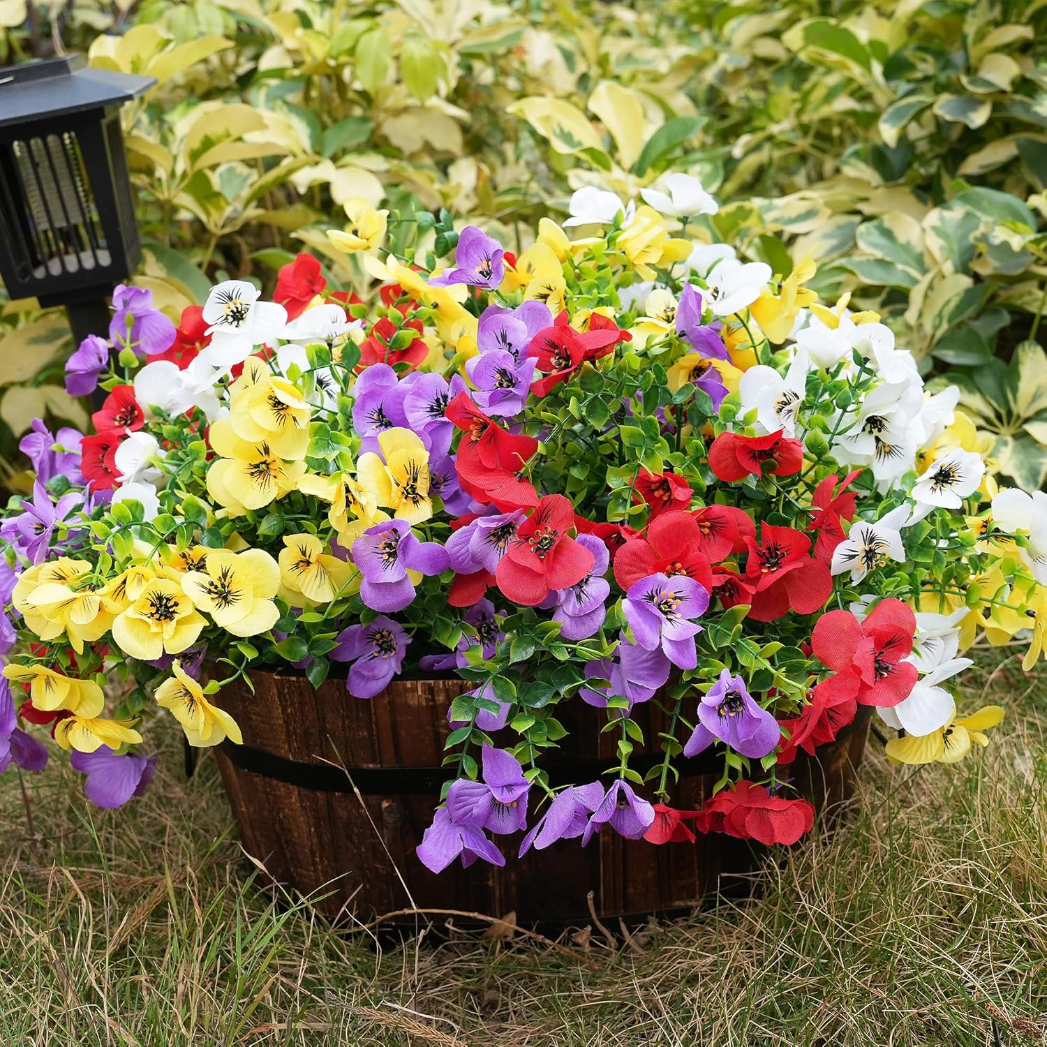 Artificial Flowers for Outdoor, UV Resistant Fake Silk Pansies Flowers, Realistic Faux Plants for Outside Indoor Porch Patio Window Box Planter Home Decor (16, Yellow Purple White Red)