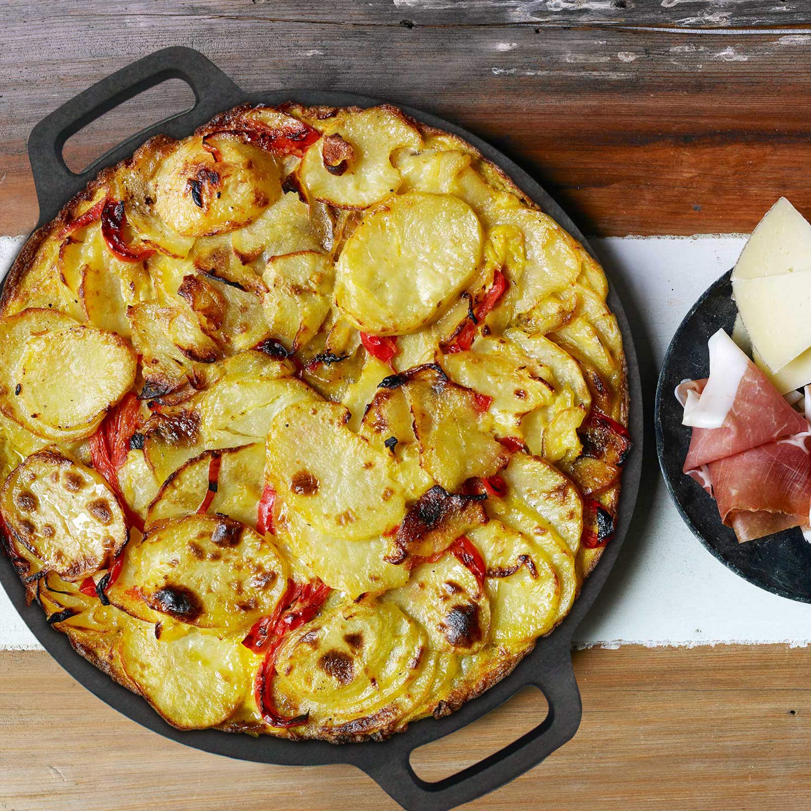 Brightalk Roti Tawa de hierro fundido de 12.6 pulgadas, sartén de crepé de hierro fundido de doble mango para Dosa, tortillas