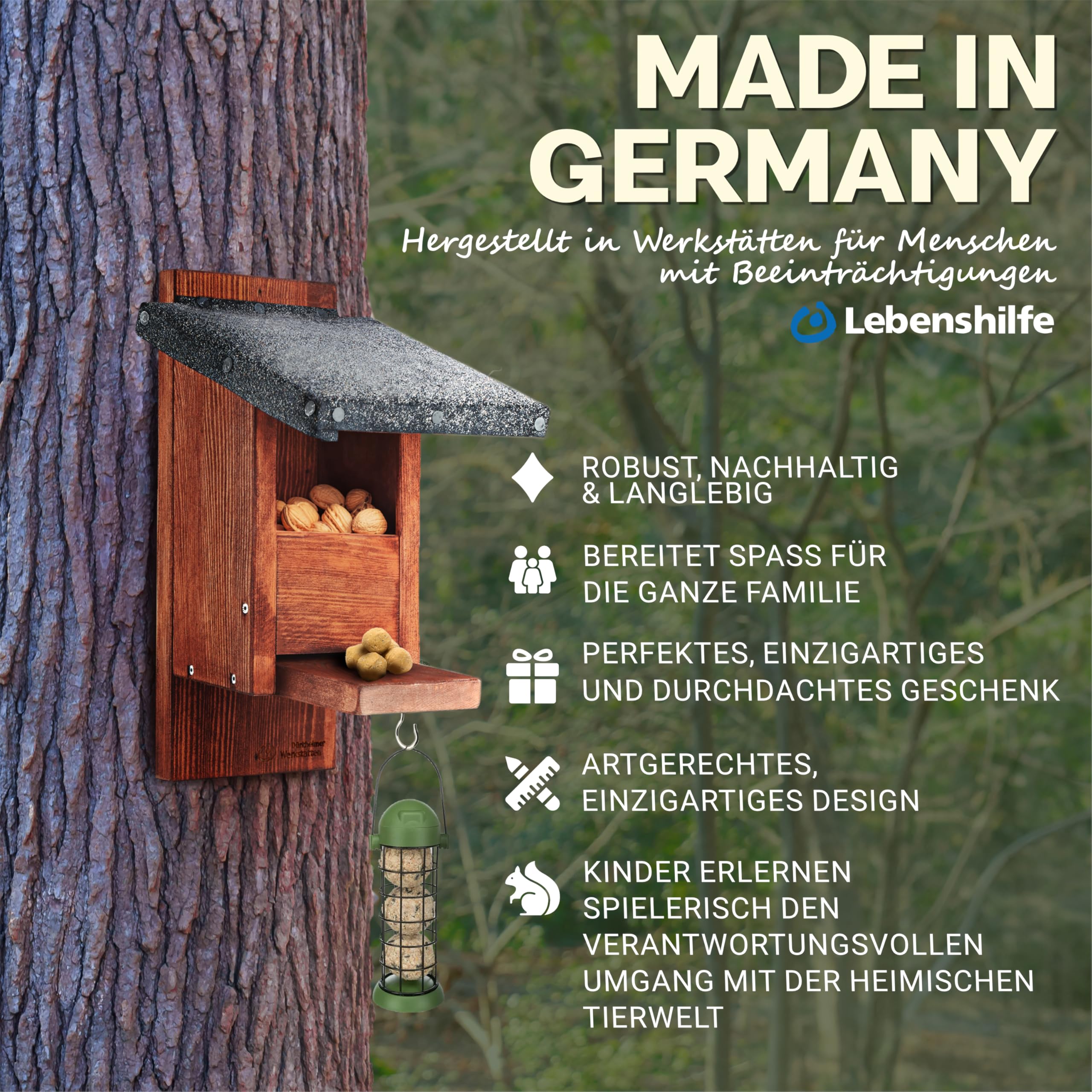 Massives Eichhörnchen Futterhaus wetterfest & robust aus pfälzer Qualitätsholz – ohne Genickbruchklappe – Überwinterung – Handarbeit in der Lebenshilfe Made in Germany – nachhaltiges Geschenk
