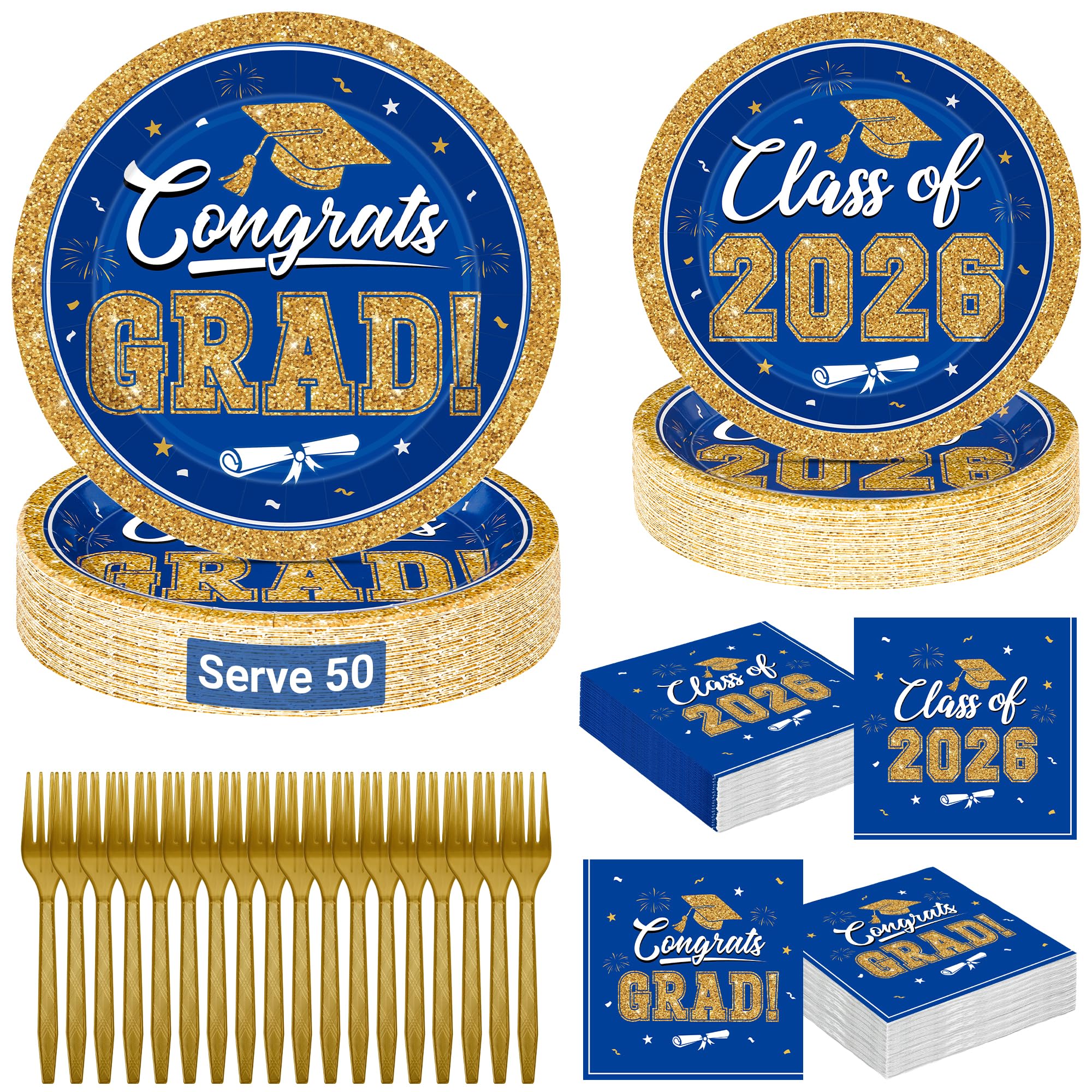 QZYL Graduation Party Supplies Set for 50 Guests, Blue and Gold Graduation Plates and Napkins 2026, 200Pcs Disposable Grad Plates, Napkins, Dessert Plates and Forks for 2026 Grad Ceremony