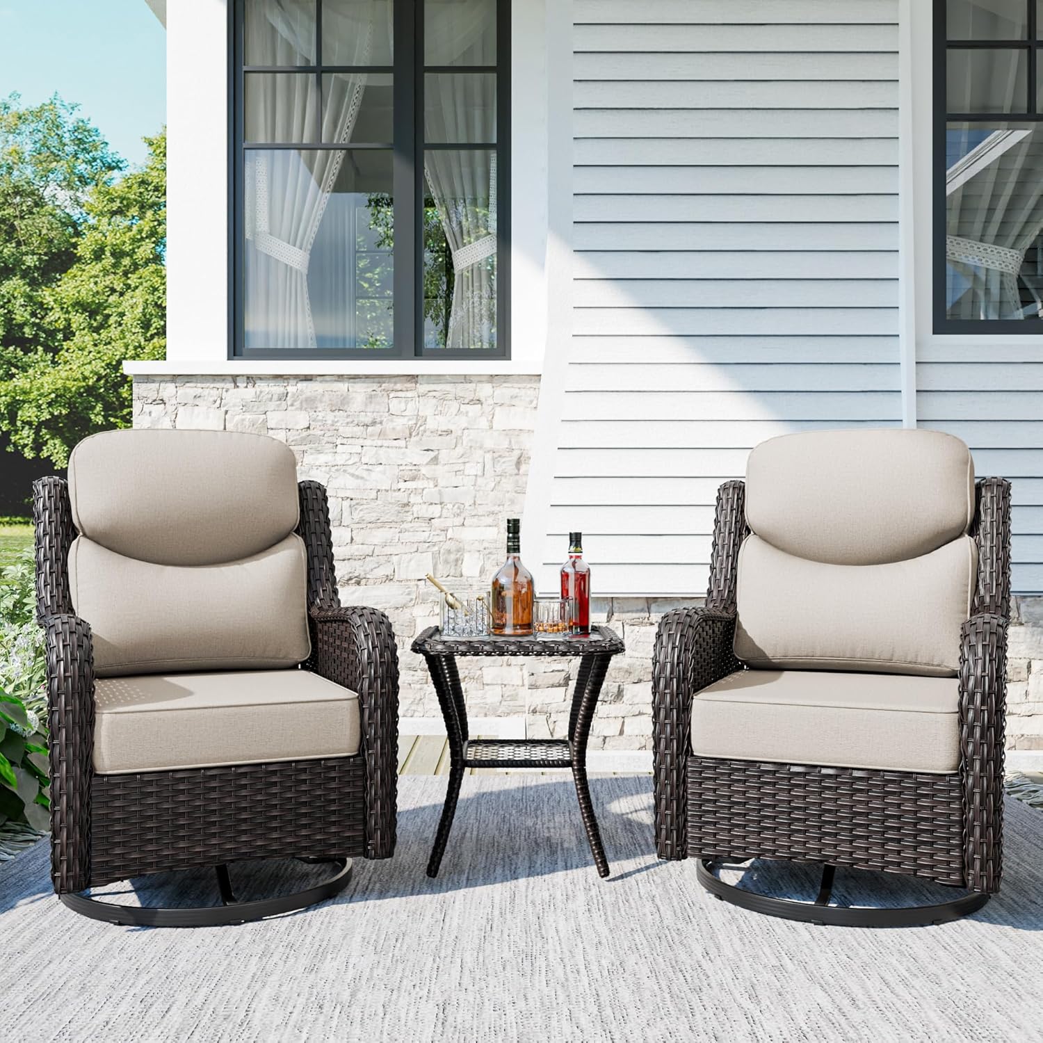 Patio Swivel Chairs Set of 2 and Side Table, Outdoor Swivel Rocker Patio Chairs with High Back and Thick Cushions, Wicker Patio Furniture Set for Porch, Deck Use (Beige, 3 PCS)