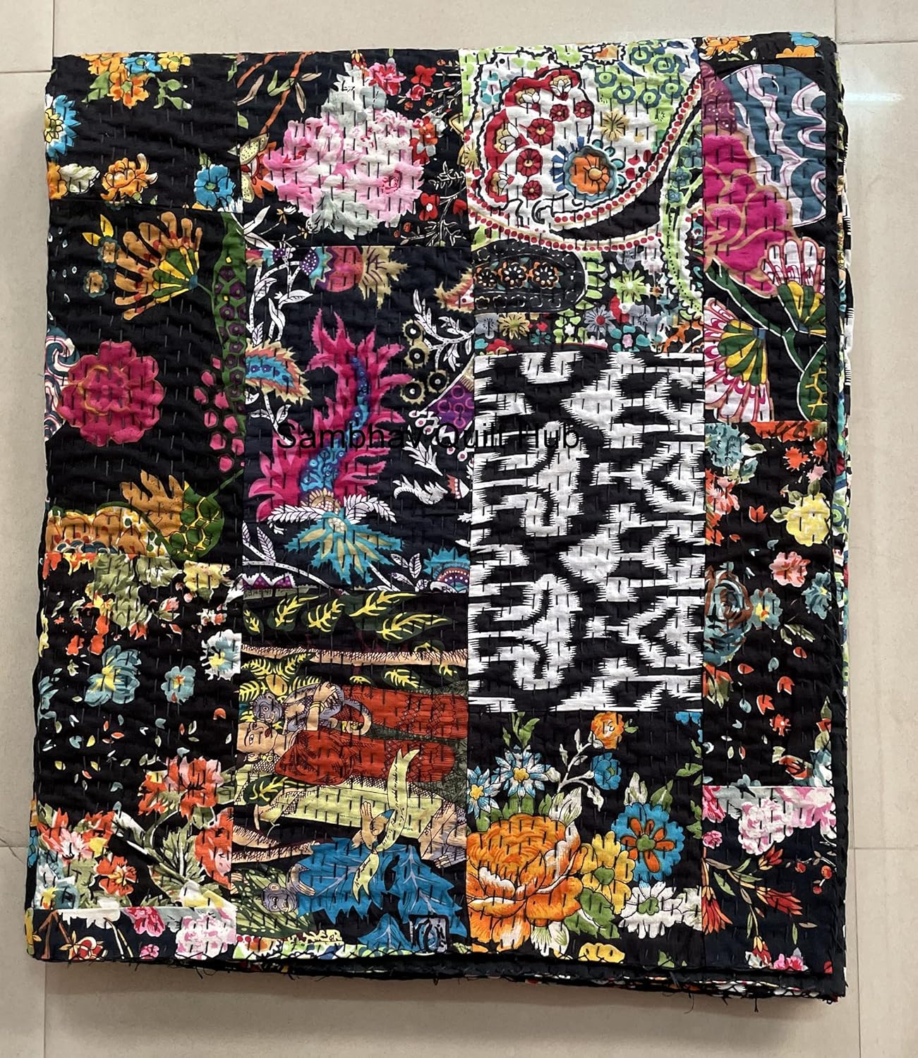Black Handblock Multi Floral Assorted Cotton Patchwork Kantha Quilt Home Decorative Handmade Patch Quilted Twin Size Bohemian Bedding Throw Blanket Vintage Quilt