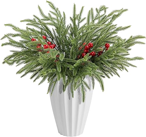 Miniatura 11 de Watayo - 45 piezas de ramas artificiales de pino de Navidad con tallos de bayas rojas, hojas de pino verde perenne de Norfolk falsas de 10.5" (26.67