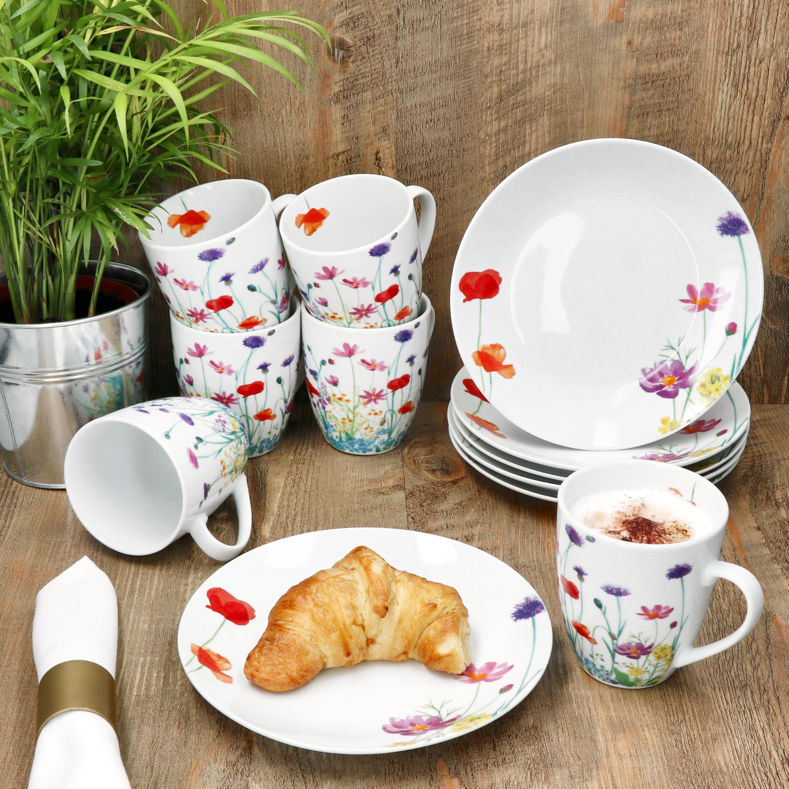MamboCat Marie 12tlg Frühstücksset I Porzellan-Geschirr mit Blumenwiese-Dekor für 6 Personen I Je 6x Teller & Becher 320ml für Frühstücks- & Kaffeezeit