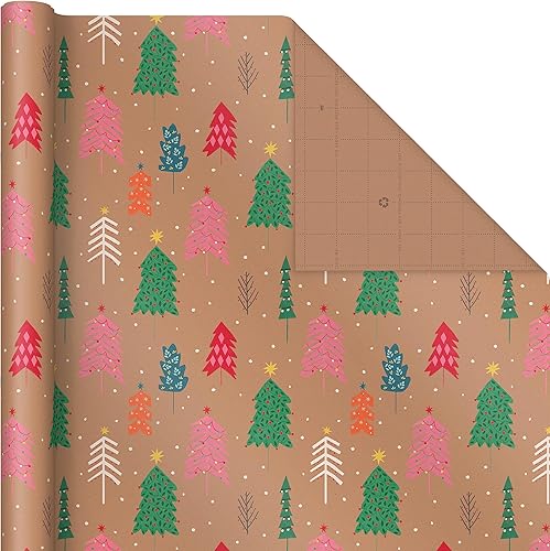 Miniatura 6 de Hallmark Colorido papel de regalo de Navidad reciclable con líneas de corte en el reverso (3 rollos 90 pies cuadrados ttl) marrón kraft con copos de