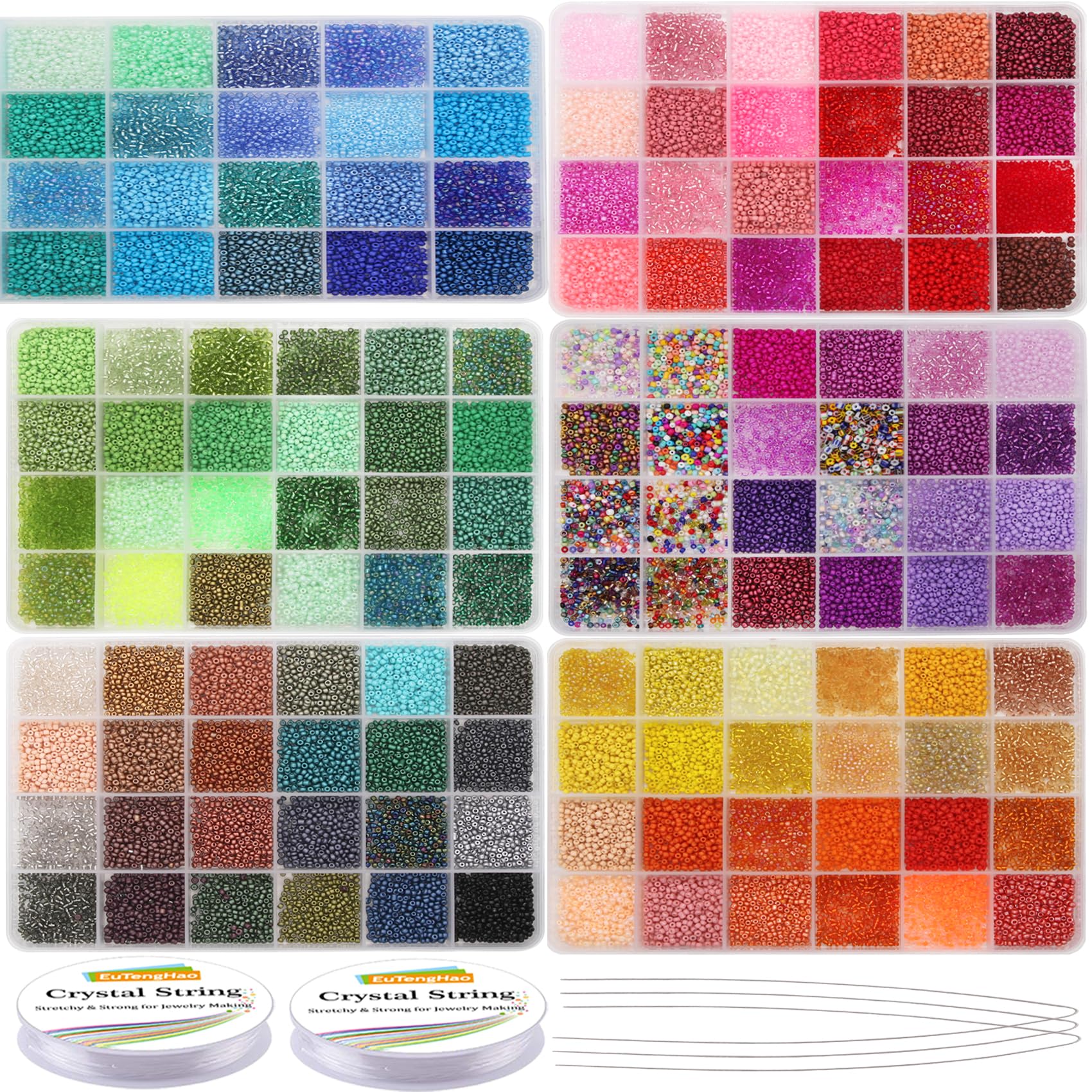 EuTengHao 57600pcs 2mm Glass Seed Beads Small Craft Beads for DIY Bracelet Necklaces Crafting Jewelry Making Supplies with Jump Ring Lobster Clasp Elastic Strings (144 Colors