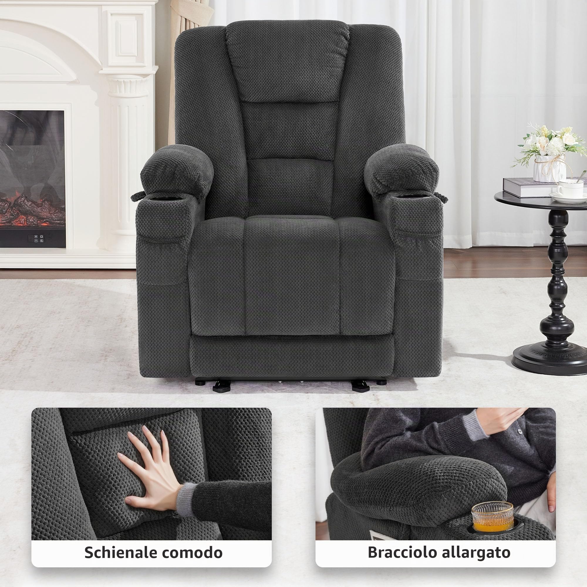 MCombo M Poltrona TV Regolabile elettricamente, poltrona reclinabile con funzione di reclinazione, poltrona TV con funzione Massaggio e Calore, USB e portabicchieri, Tessuto,7008 (grigio scuro)