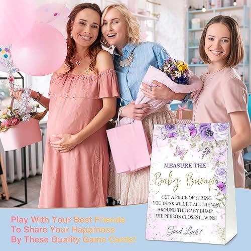 Miniatura 4 de Measure the Baby Bump - Juego de juego para baby shower, 1 letrero de pie con 50 tarjetas de adivinanzas, suministros de decoración de fiesta de