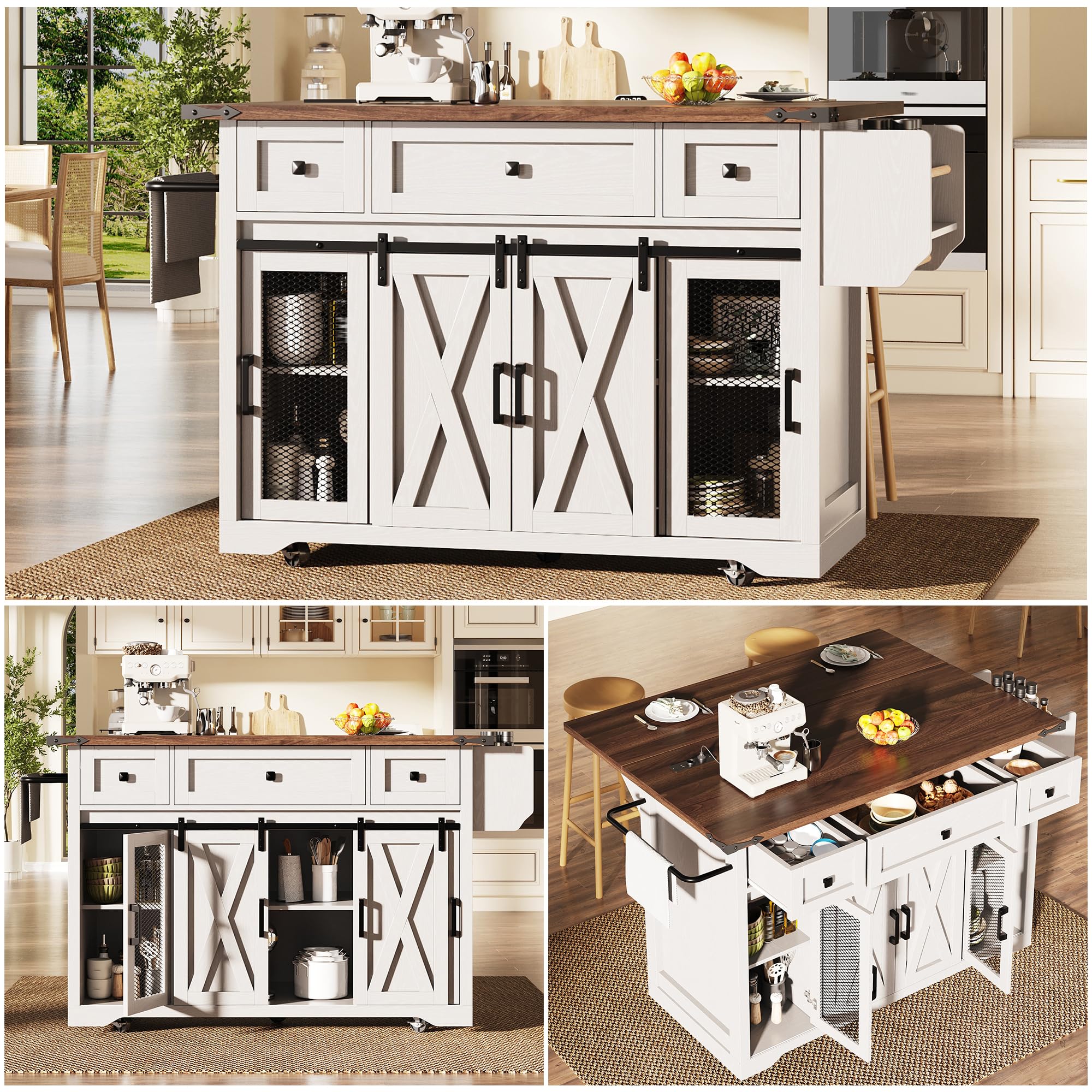 Küchenwagen, Kücheninsel mit Klappbarer Arbeitsplatte, Speisewagen Küchenschrank mit Rollen & Verstellbaren Einlegeböden, Buffetschrank mit Schubladen & Schiebetüren, Weiß, 120.2x45.3x91.5cm