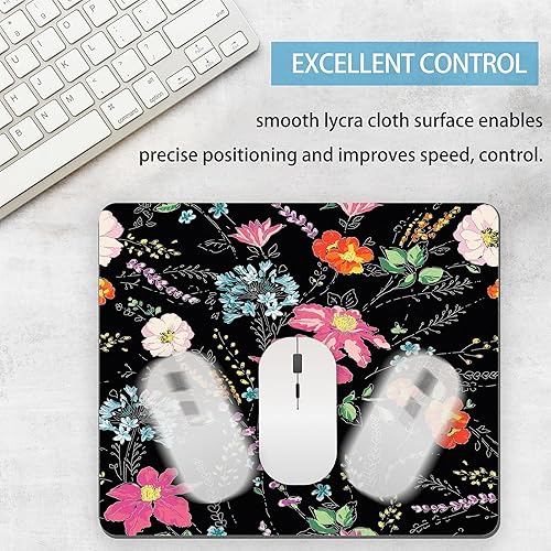 Miniatura 5 de Alfombrilla de mouse negra con diseño de flores, cuadradas, estéticas, para escritorio, lavables, florales, para mujeres y niñas, con base de goma