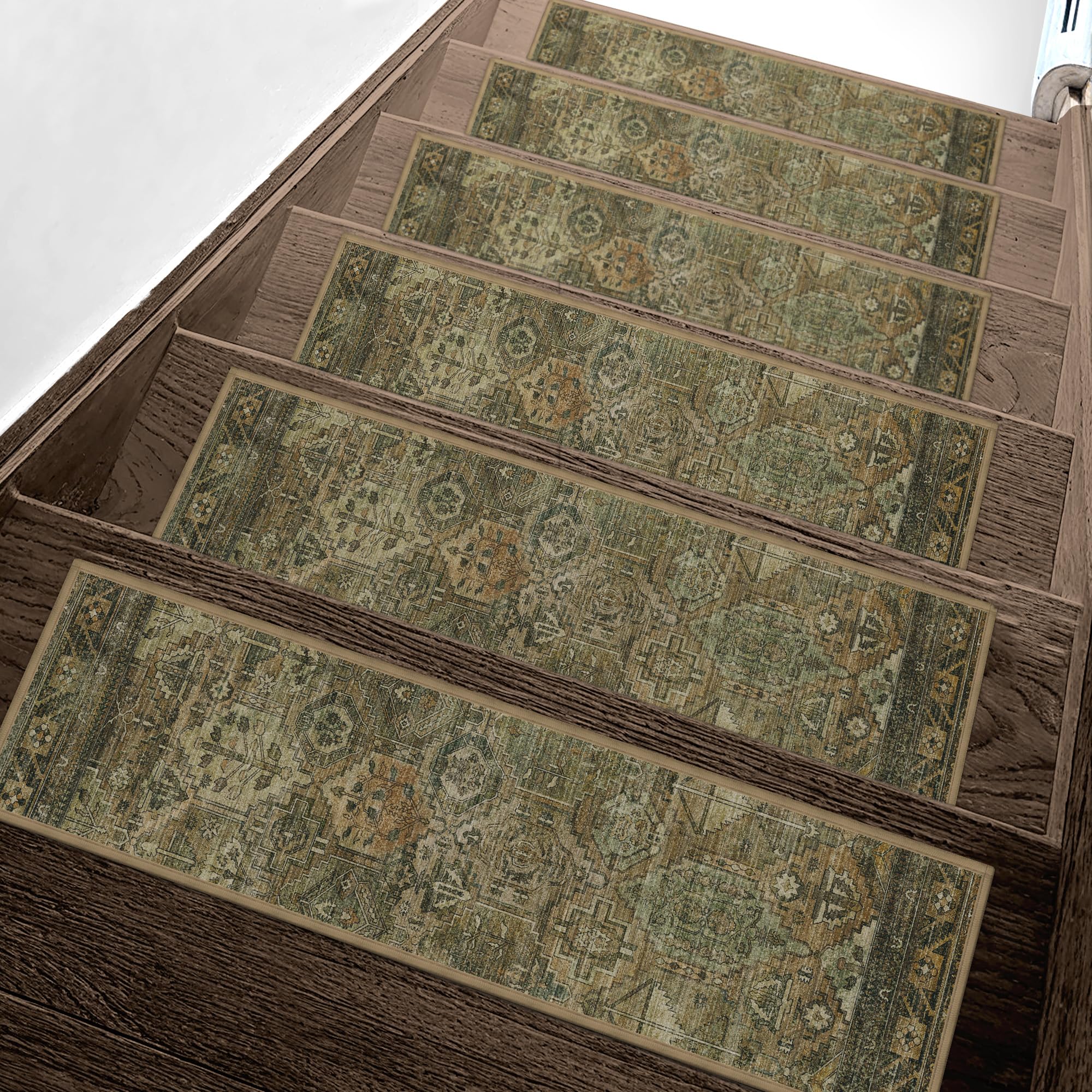 Photo 1 of sarben Non Slip Stair Treads for Wooden Steps 15PCS - 8"x30" Indoor Safety Carpet, Edging Mats with TPE Adhesive Backing, Pet and Elderly Friendly Stair Rugs (Olive/Brown)