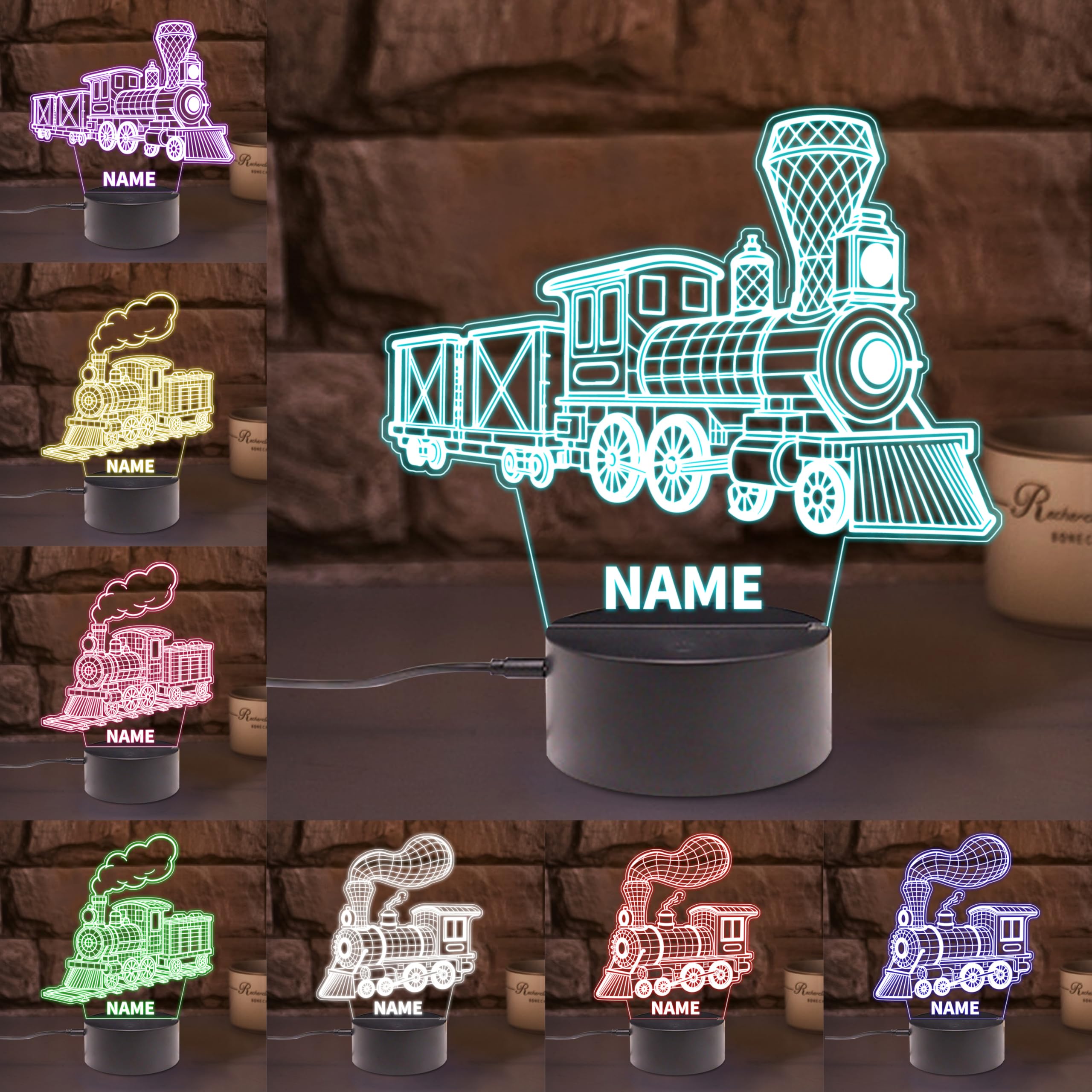 SSRUI Personalized Train Night Light Custom Name 3D Illusion Lamp with Multiple Colors Changing, Led Train Desk Lamp Home Decor Gifts for Christmas Birthday