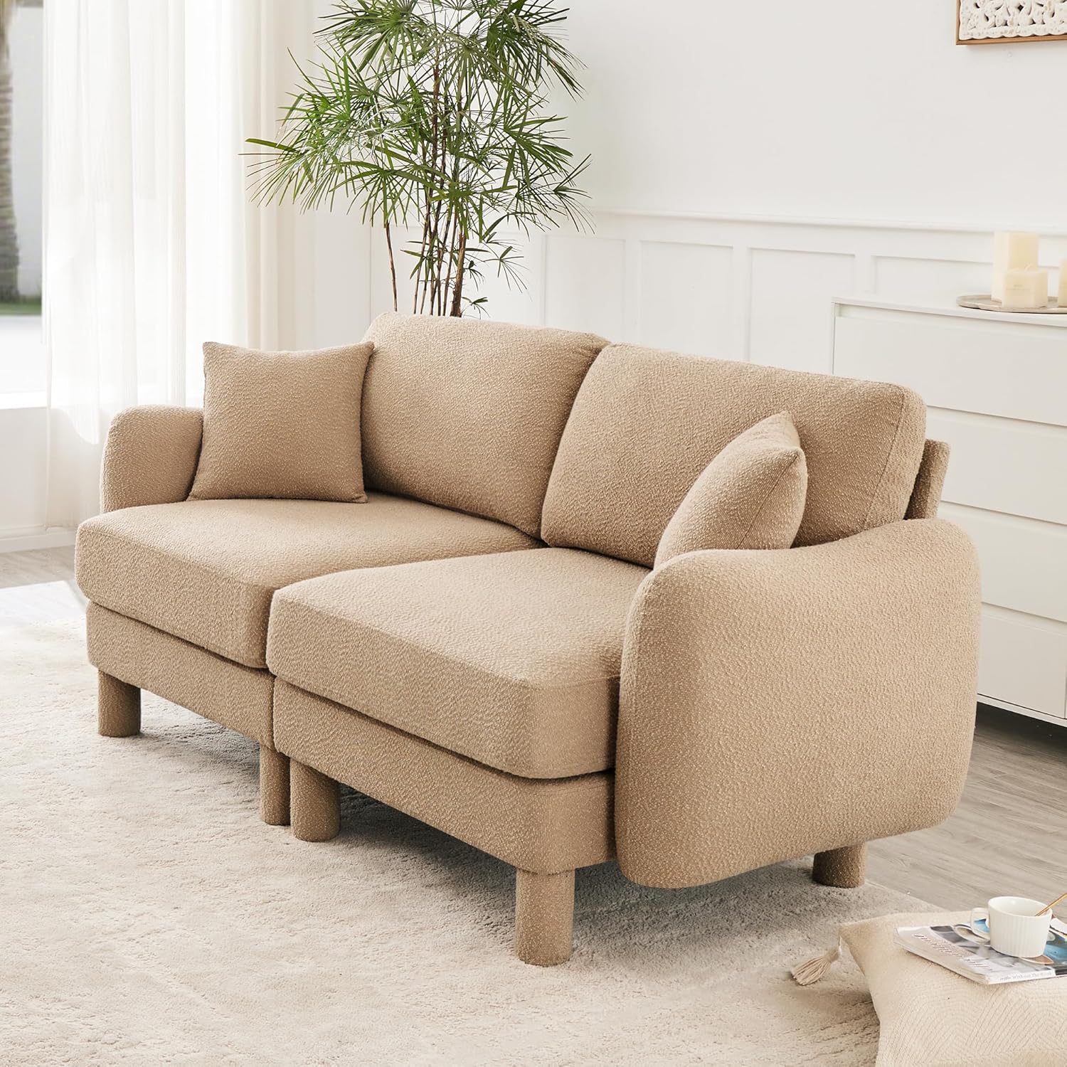 Loveseat Sofa, 78” Sectional Couch for Living Room, Comfy Boucle Fabric Love Seat for Bedroom with Throw Pillow,Remova(Coffee)
