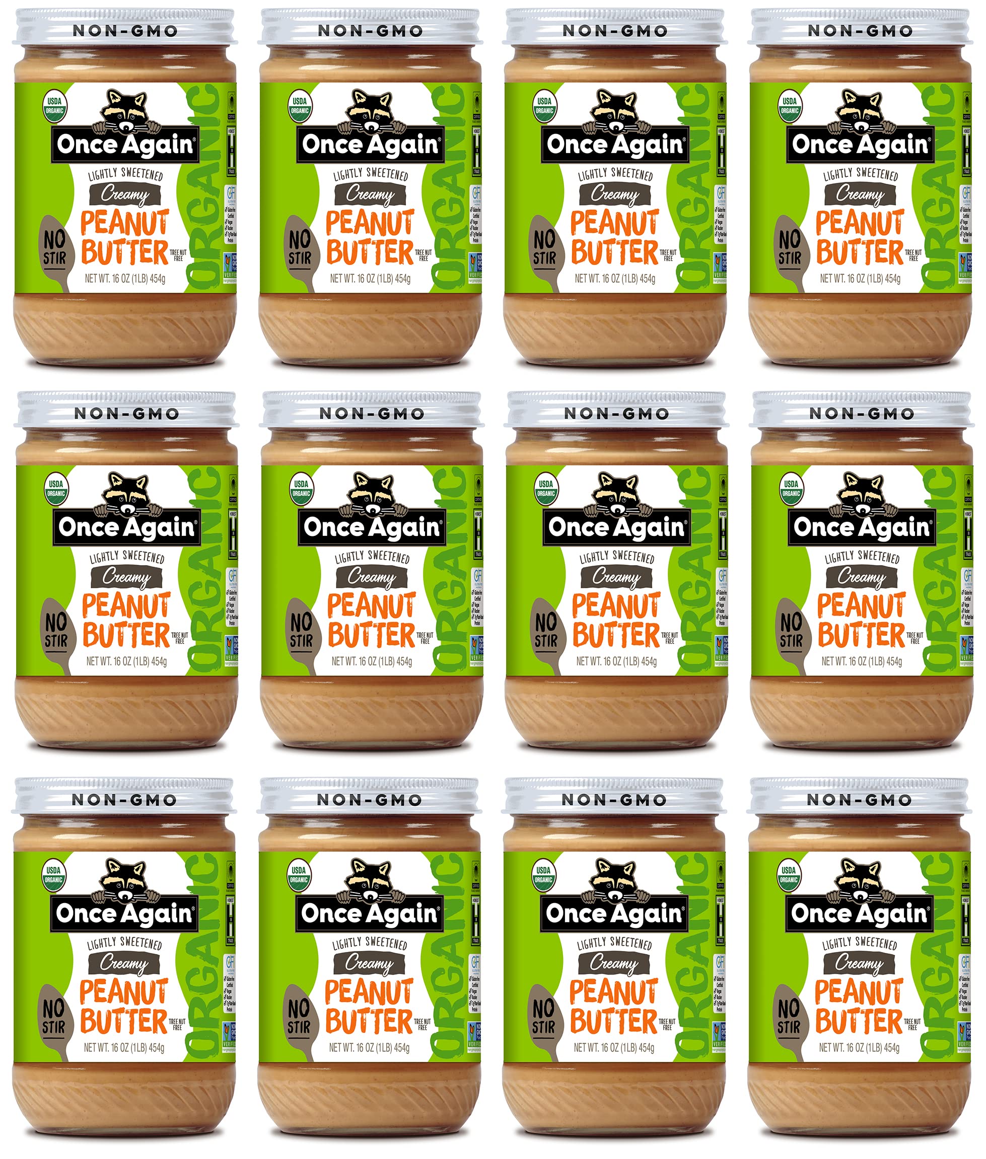 Once Again Organic Creamy Peanut Butter, 16oz - American Classic, No Stir - Lightly Sweetened & Salted - USDA Organic, Gluten Free Certified, Vegan, Kosher - Glass Jar - Case of 12