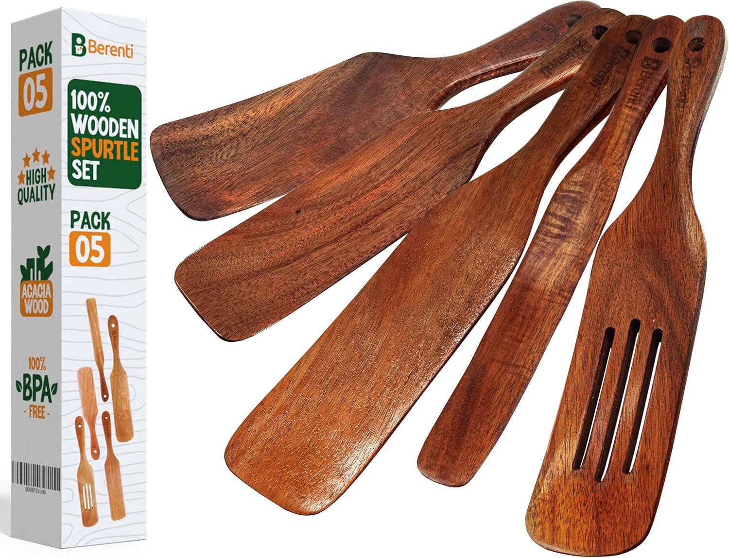 Wooden Spurtle Set – 5 Pcs Acacia Spurtle Spatula for Cooking - Natural Surtle Kitchen Tools for Nonstick Cookware, Salad Mixing, Serving & Stirring - Image 9