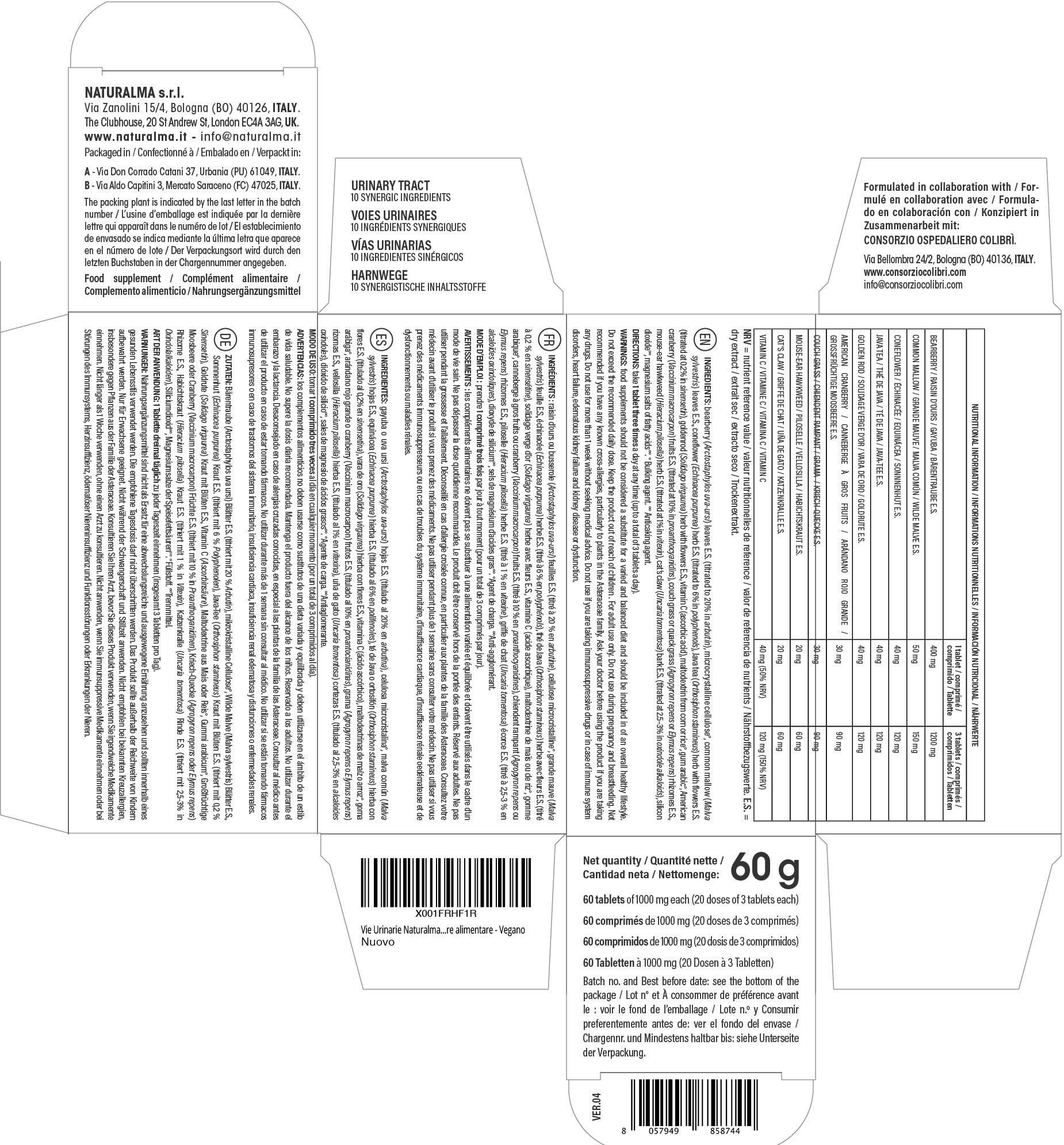 Vie Urinarie Naturalma e Consorzio Colibrì 60 compresse da 1000 mg - Uva ursina, Malva, Echinacea, Tè di giava, Verga d'oro, Cranberry, Pilosella, Uncaria, Vitamina C - Integratore alimentare - Vegano