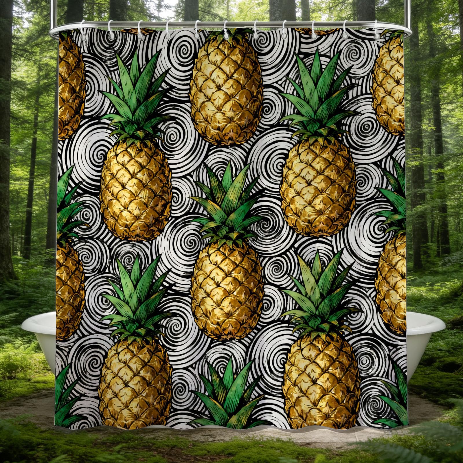 Hongduo 3D Cartoon Pineapple Shower Curtain for Stalls Bathtubs Stripe Bathroom Decor Shower Curtain Set Polyester Fabric Waterproof 180x180cm/71X71 Inch with Hooks