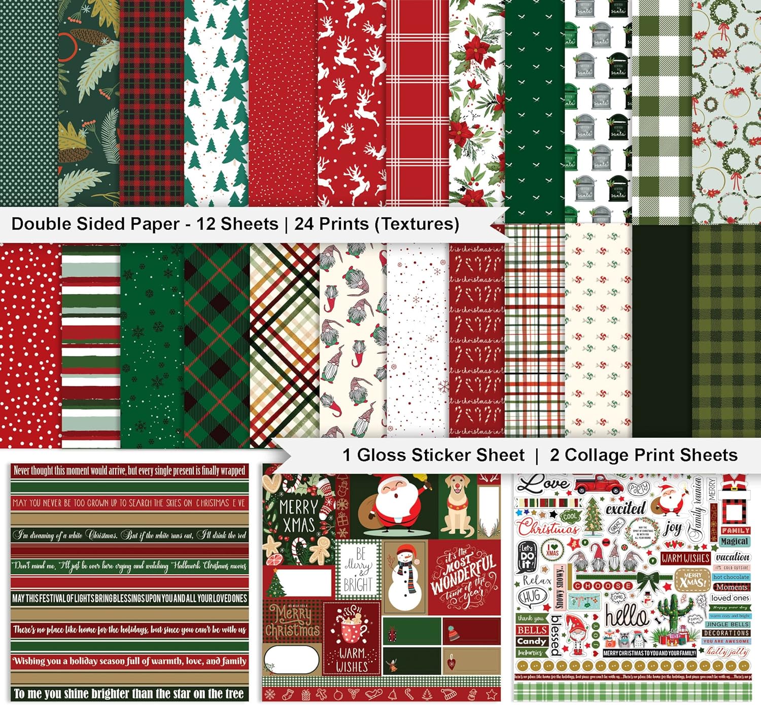 Red Green Christmas Theme Collection Double,Sided Scrapbook Paper Kit Cardstock 12"x12" Card Making Paper Pack of with Sticker Sheet - 16 Pages - Red & Green