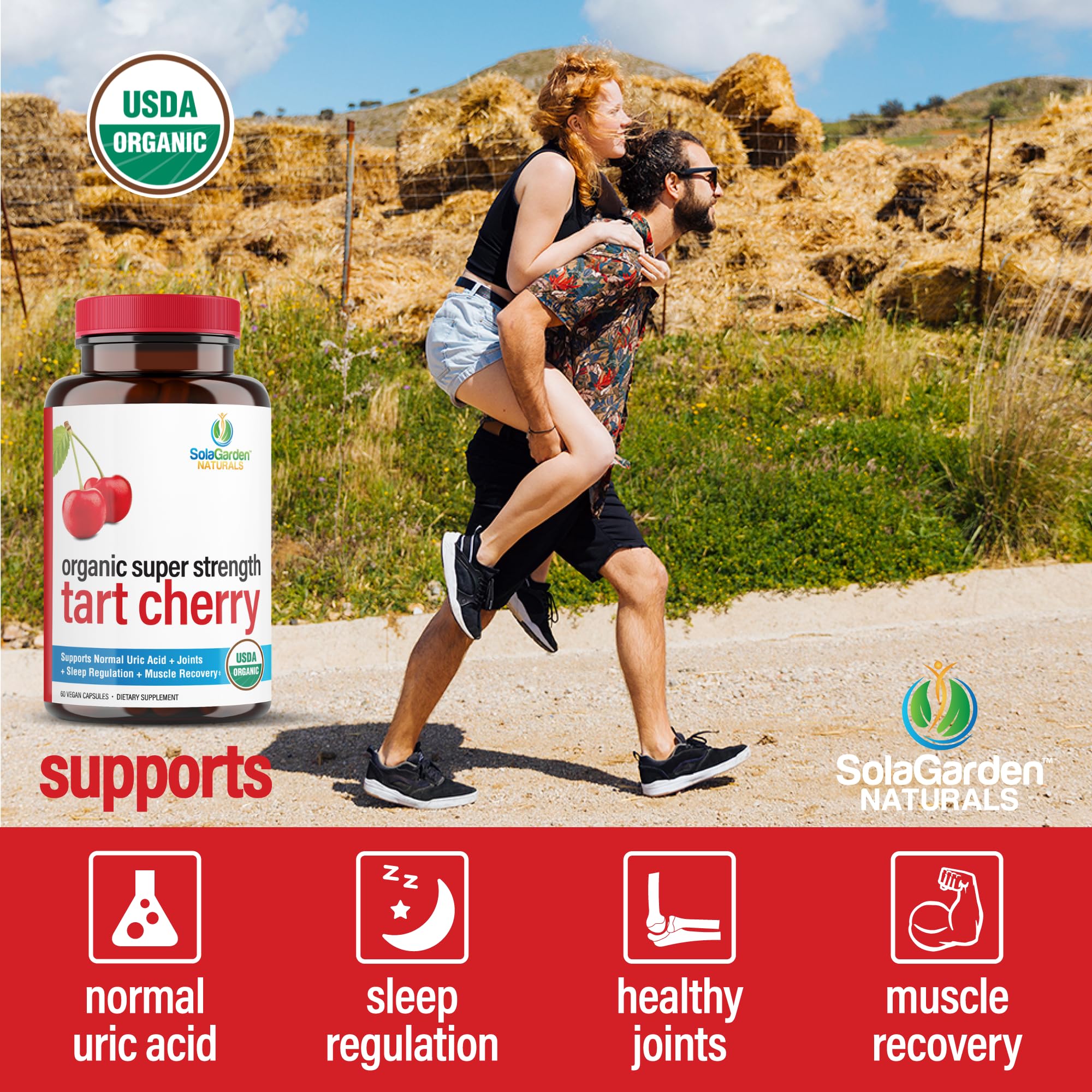 USDA Organic Super Strength Tart Cherry Supplement, 50:1 Extract of Non-GMO Organic Cherries, by SolaGarden Naturals, 60 Non-GMO Vegan Capsules, Supports Normal Uric Acid, Made in USA — Amazon image 5
