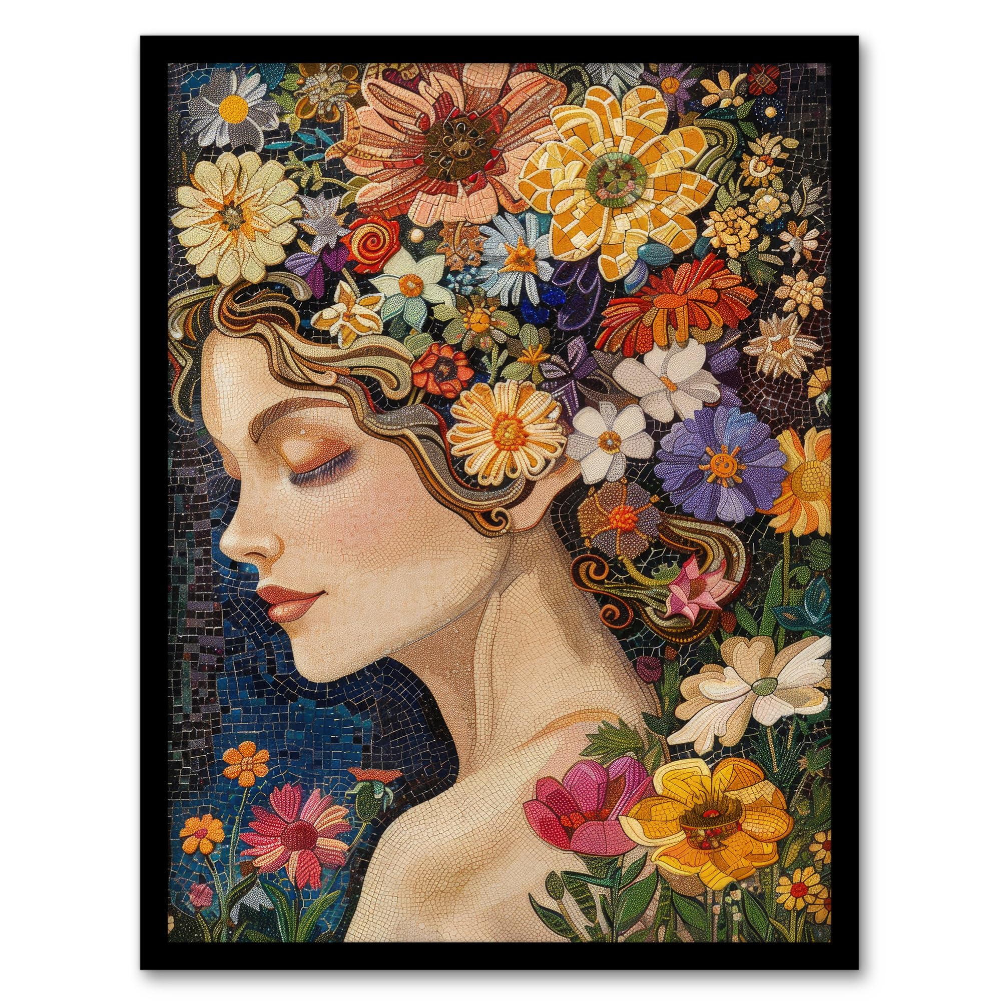 Artery8 Woman with Spring Flower Headdress Mosaic For Living Room Artwork Framed Wall Art Print A4