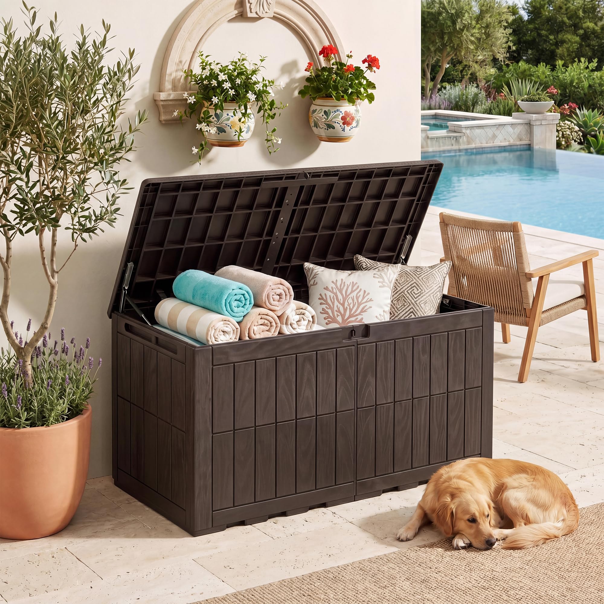 RELAX4LIFE Gartenbox wetterfest, 440 L Auflagenbox mit abschließbarem Deckel, Aufbewahrungsbox mit Stauraum, Kissenbox Outdoor wasserdicht, Auflagentruhe für Garten Balkon Terrasse, bis 245 kg, Braun