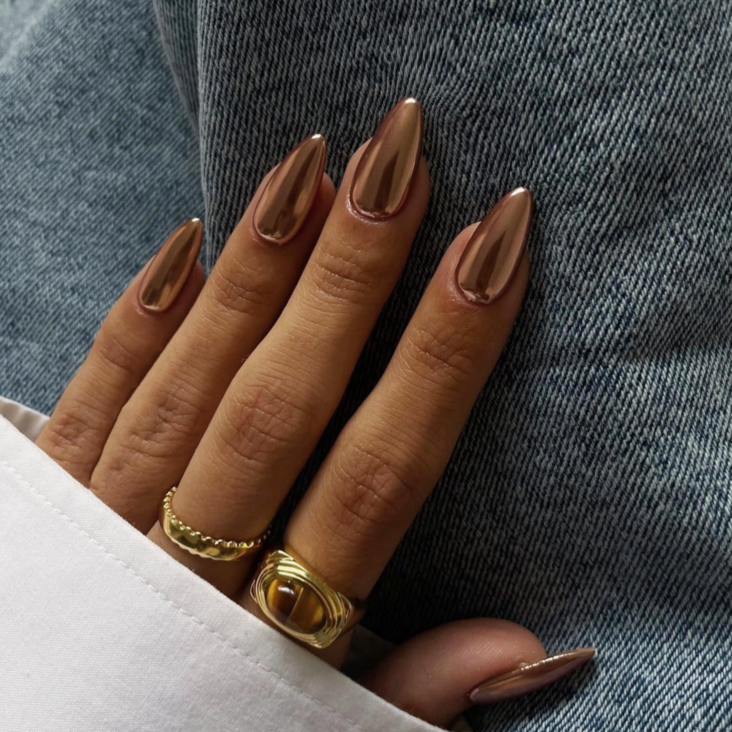 Chrome Bronze False Nails Almond, SXVME Metallic Brown Press On Nails Medium, Glitter Shine Fake Nails Medium Stiletto