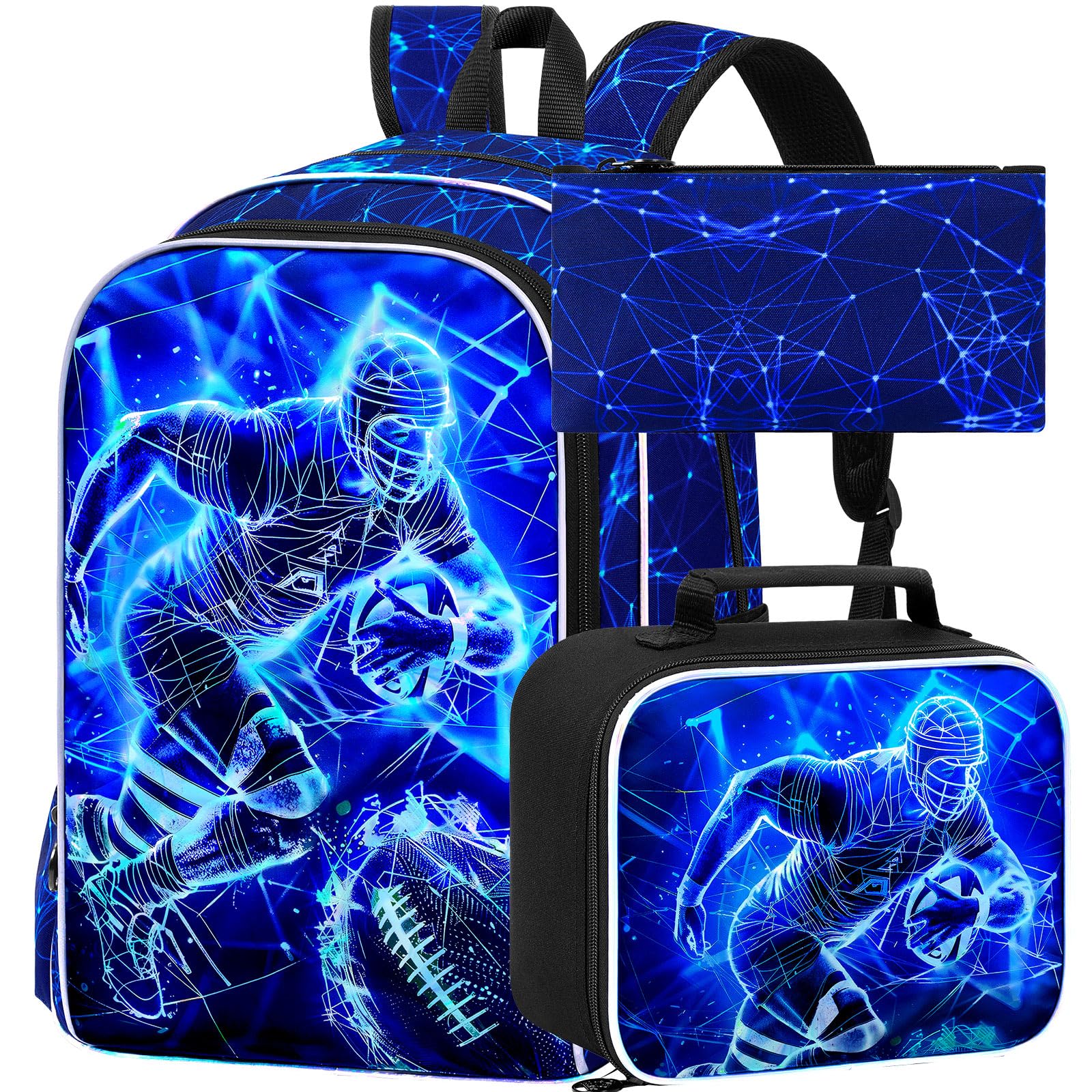 17" Football Backpack for School, 3Pcs Boys Bookbag with Lunch Box, Kids Backpacks Set for Elementary Preschool Kindergarten (Blue)