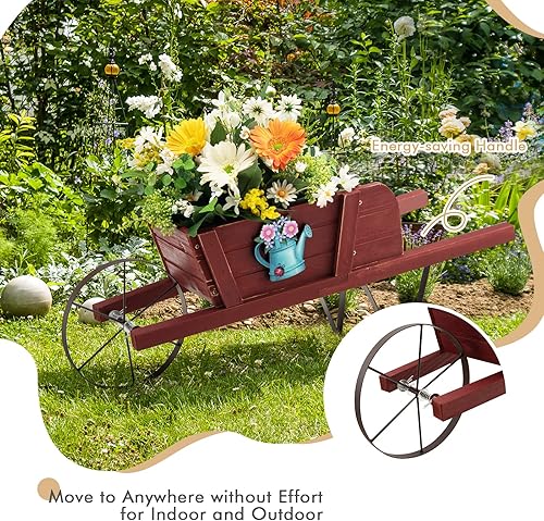 Miniatura 3 de HAPPYGRILL Maceta de carretilla de madera de pino maciza, con soporte de metal triangular, 2 asas de ahorro de energía, rueda móvil, decoración de