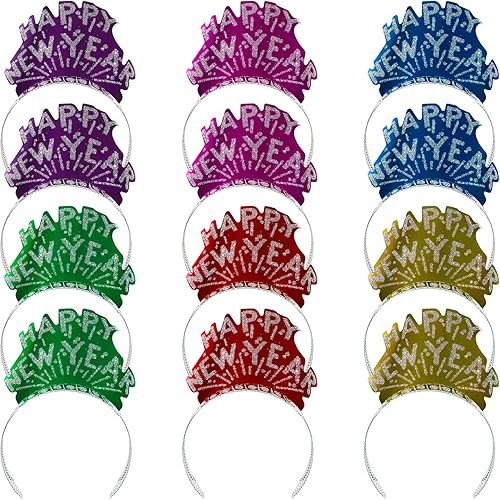 Windy City Novelties Sombreros de tiaras de Feliz Año Nuevo en varios colores brillantes, paquete de 12 diademas a granel, suministros para fiestas