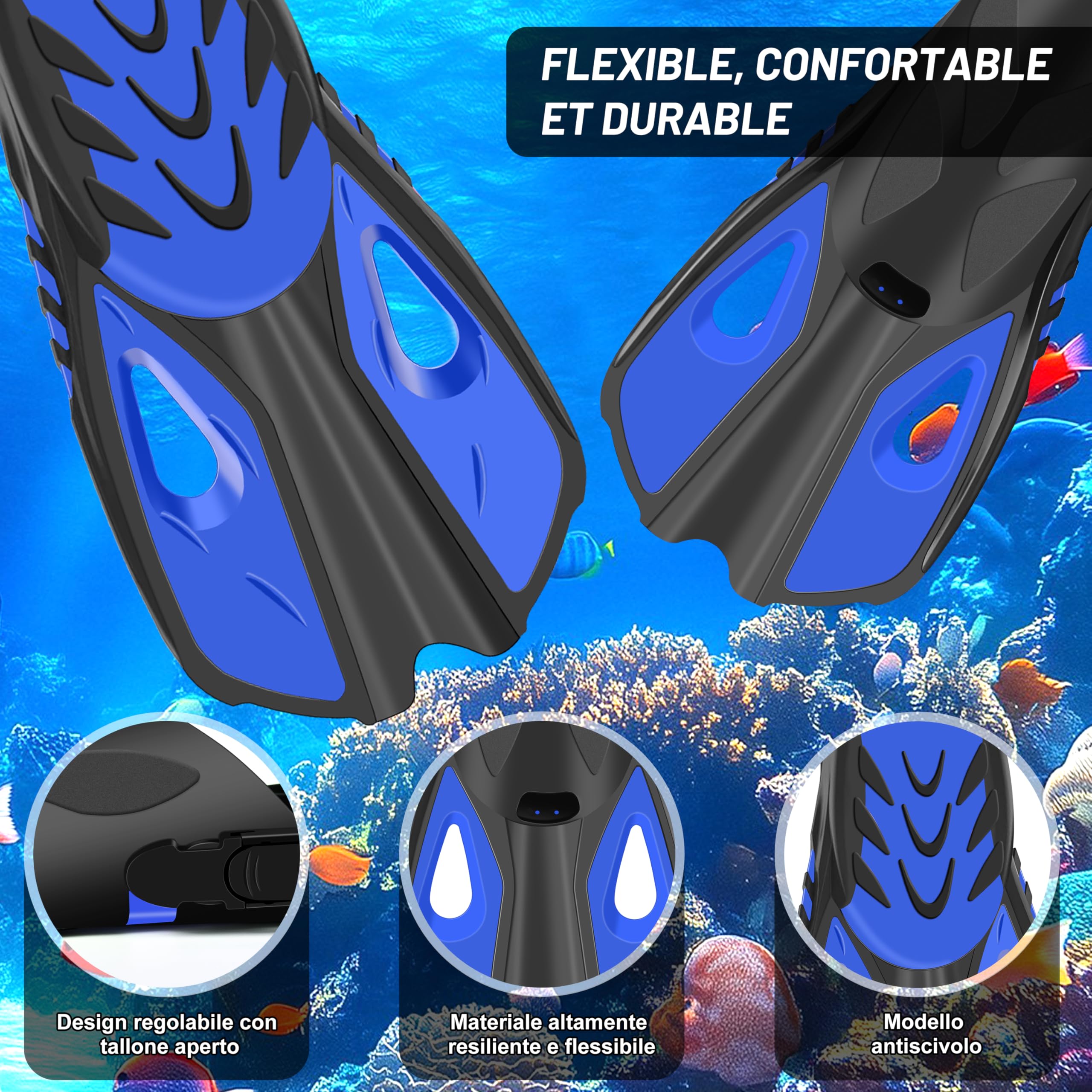 IEEILULU Set da Snorkeling 7 Pezzi per Adulti con Occhiali Antiappannante, Boccaglio e Pinne Regolabili