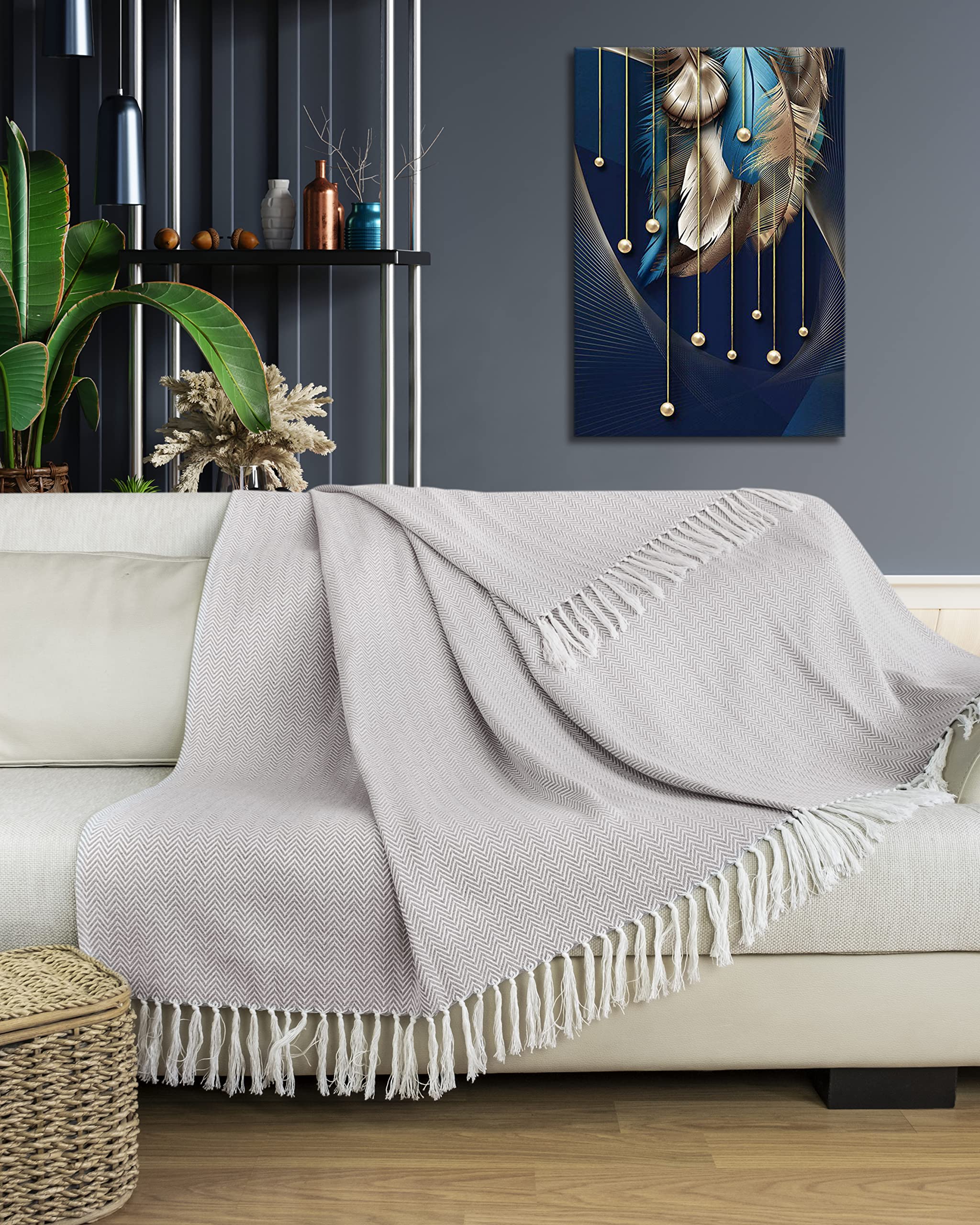 Couvre-lit En Coton 100% Avec Franges - 180x240 Cm - Motif Chevrons - Crème, Gris, Anthracite...