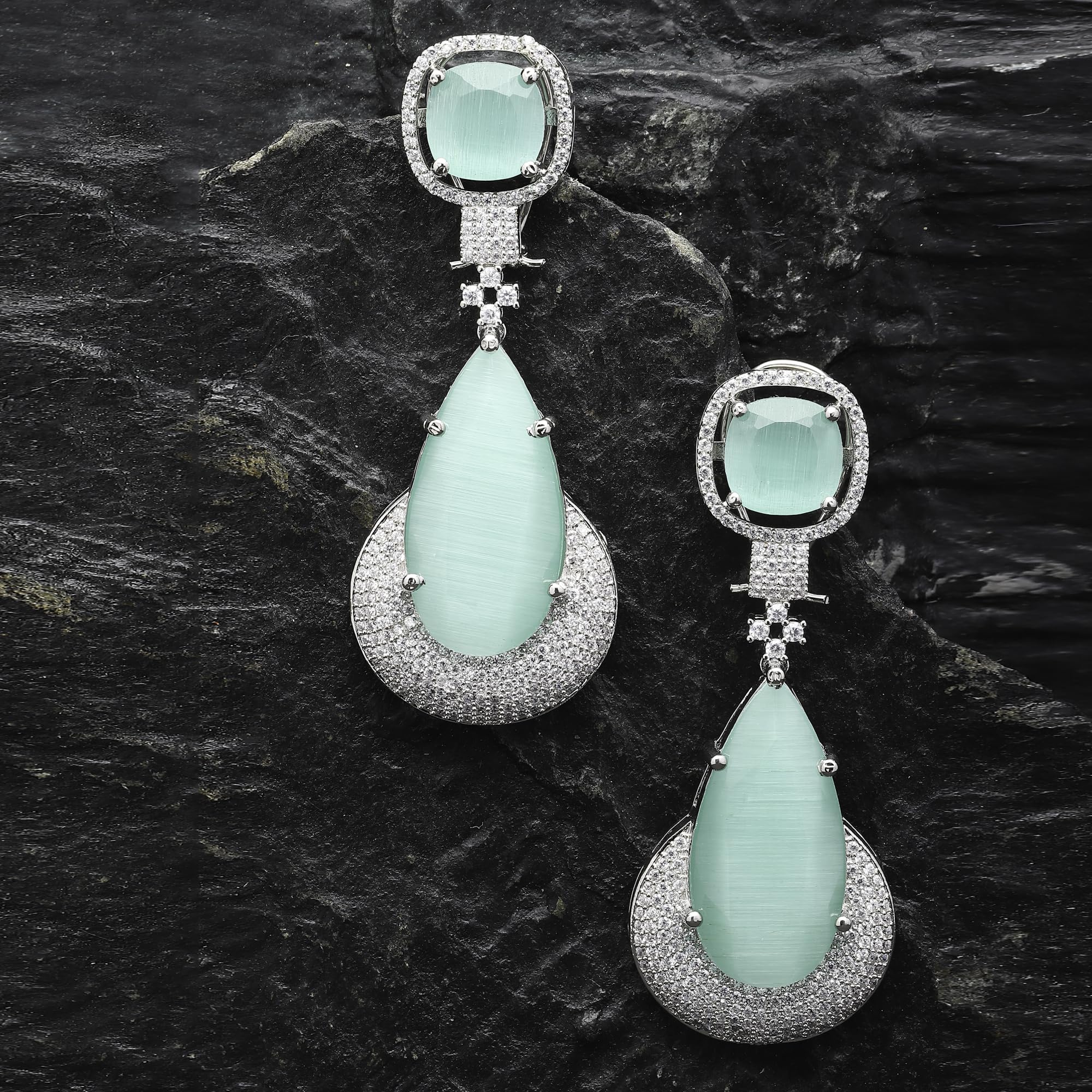 Rhodium-Plated Teardrop Drop Earrings With American Diamond Studs
