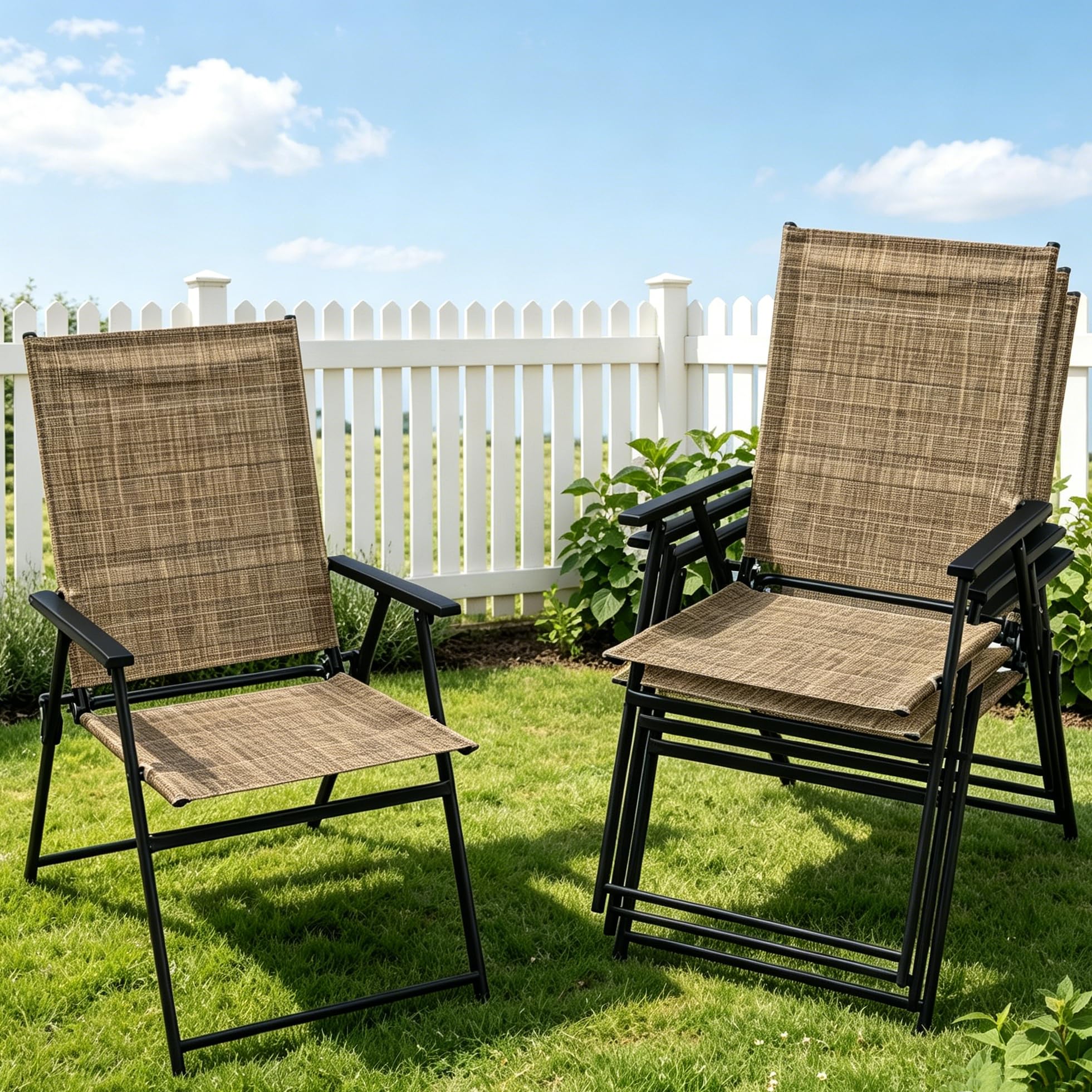 YLGJ&TIDY Folding Garden Chairs Set of 4, Portable Outdoor Chairs, Foldable Garden Dining Chairs with Armrests & High Backrest & Metal Frame, Balcony, Patio Chairs Lawn and Poolside (Brown, 4 Pcs)