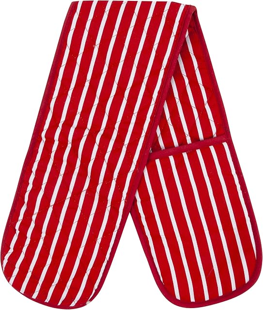 Molly Malou 100% Cotton Butcher Stripe Quilted Double Oven Gloves Pot Holder Heat Resistant Mitt Come in Four Colours (Red)