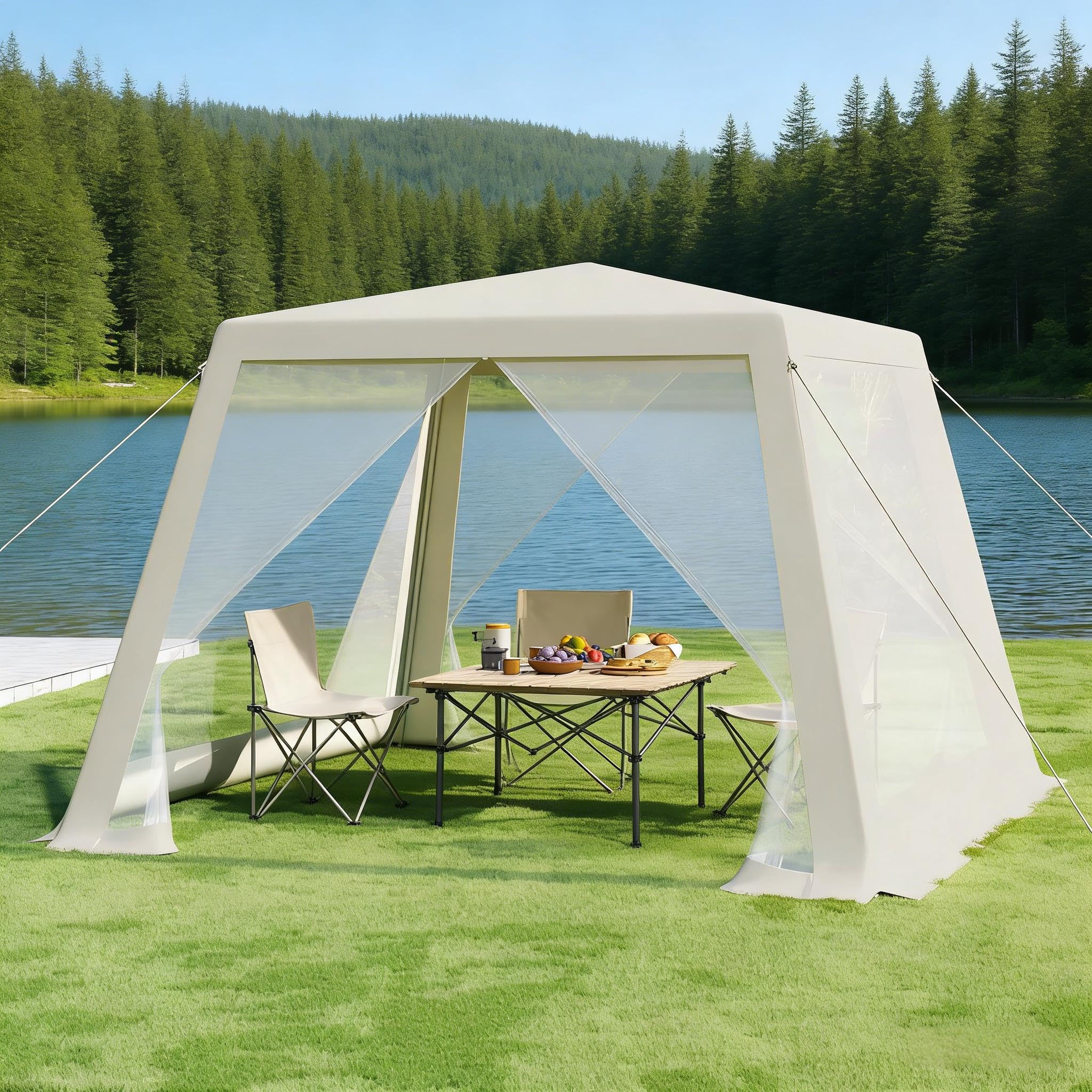 Gazebo pieghevole leggero, 3 x 3 m, beige, impermeabile, resistente ai raggi UV e traspirante, con zanzariera, portatile per giardino, terrazza, campeggio