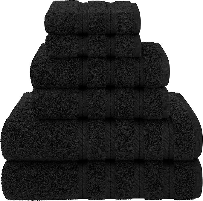 American Soft Linen Luxury 6 Piece Towel Set, 2 Bath Towels 2 Hand Towels 2 Washcloths, 100% Cotton Turkish Towels for Bathroom, Black Towel Sets